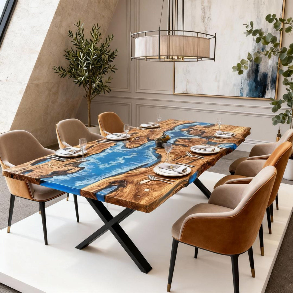 Table rivière sur mesure en résine époxy et bois d'olivier, bleu céruléen ZPU-573