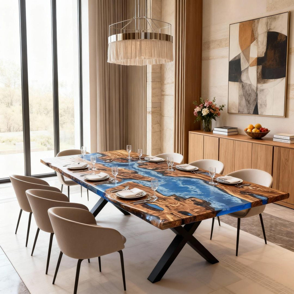 Table rivière sur mesure en résine époxy et bois d'olivier, bleu céruléen ZPU-573