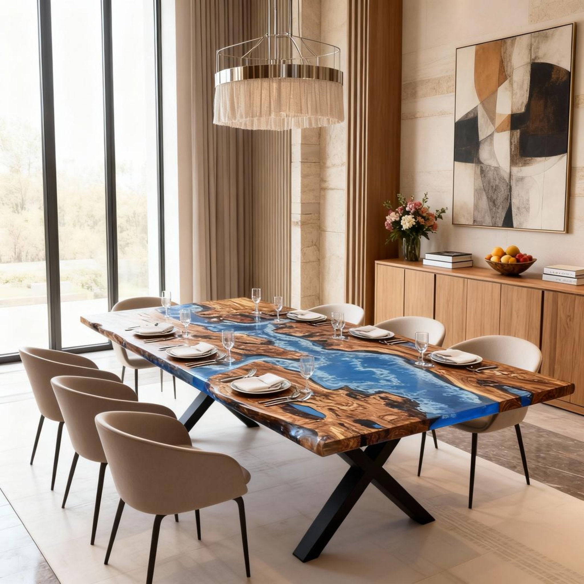 Table rivière sur mesure en résine époxy et bois d'olivier, bleu céruléen ZPU-573