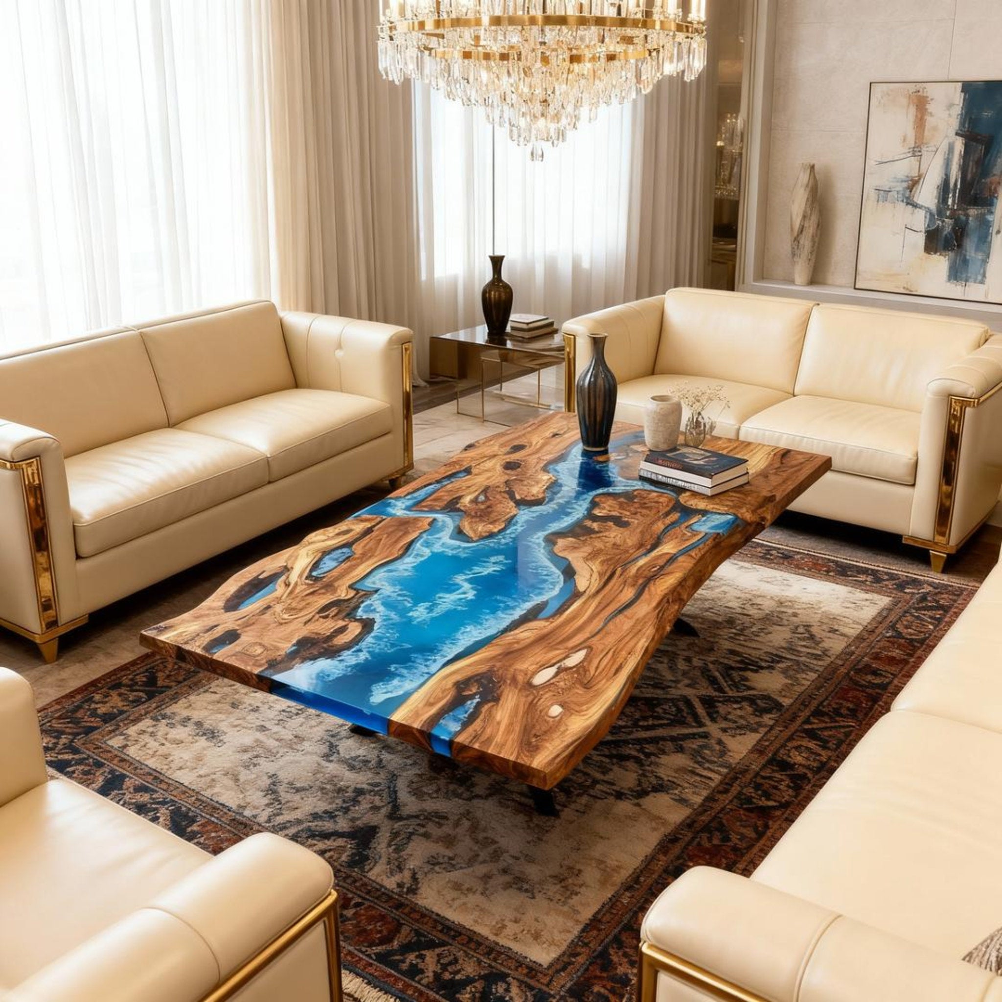 Table rivière sur mesure en résine époxy et bois d'olivier, bleu céruléen ZPU-573