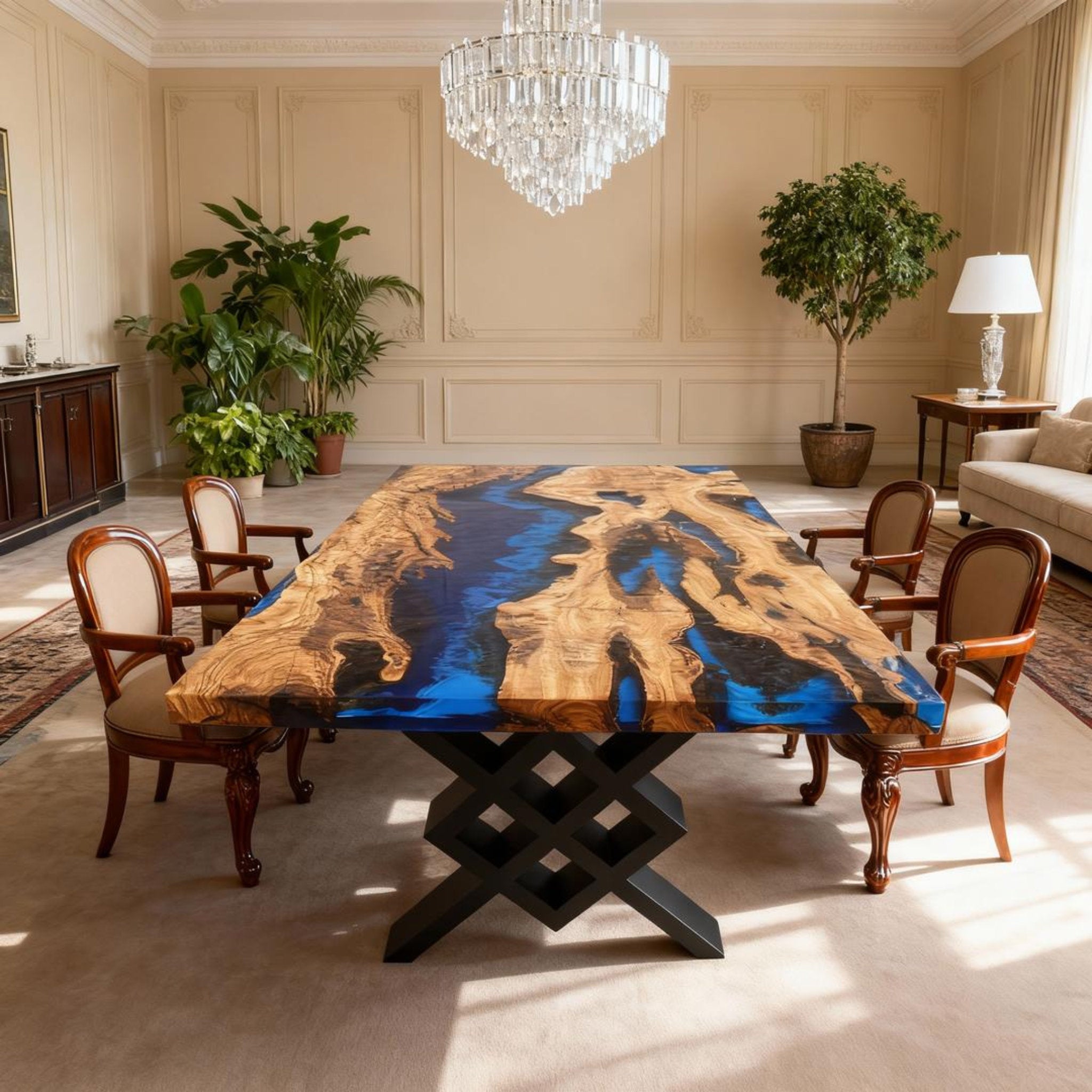 Table rivière personnalisée en résine époxy et bois d'olivier, coloris cobalt et bleu nuit, référence RKW-752