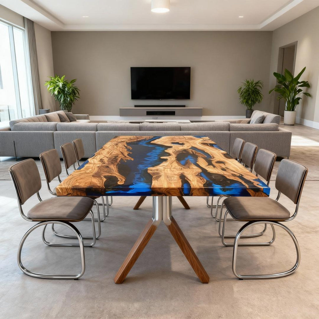 Table rivière personnalisée en résine époxy et bois d'olivier, coloris cobalt et bleu nuit, référence RKW-752