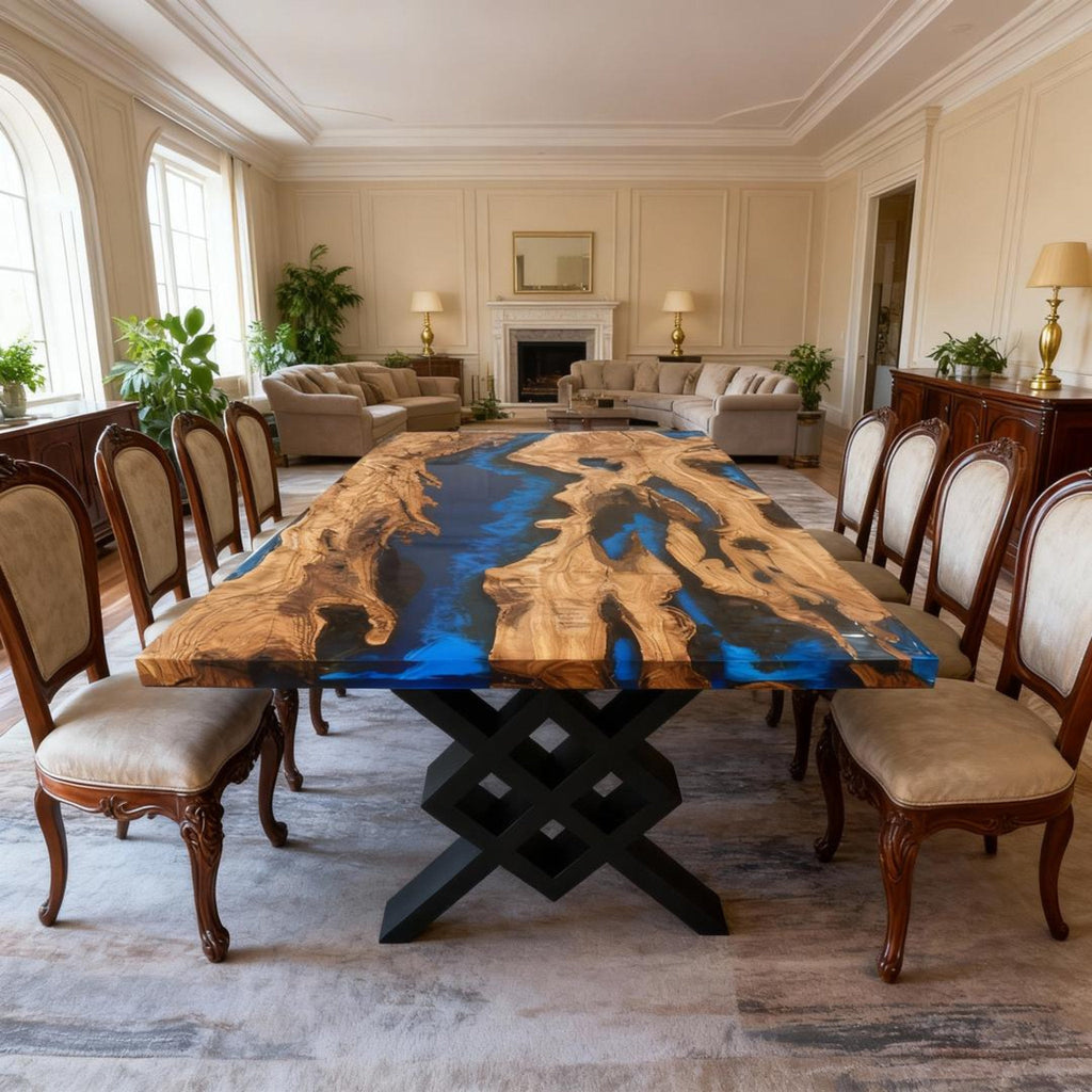 Table rivière personnalisée en résine époxy et bois d'olivier, coloris cobalt et bleu nuit, référence RKW-752