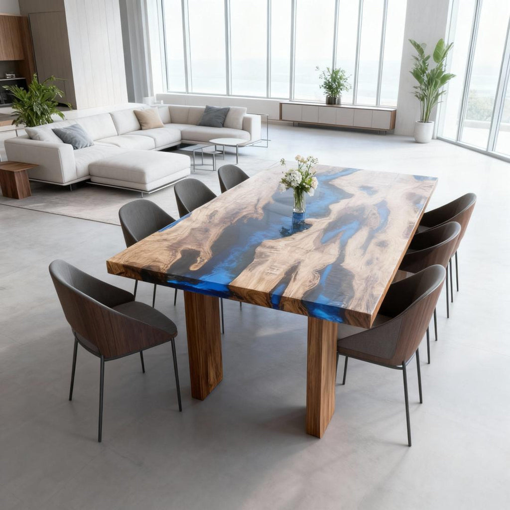 Table rivière personnalisée en résine époxy et bois d'olivier, coloris cobalt et bleu nuit, référence RKW-752