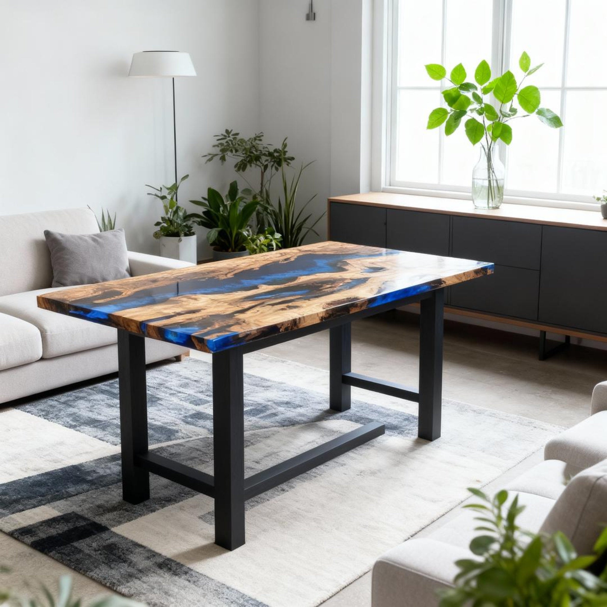 Table rivière personnalisée en résine époxy et bois d'olivier, coloris cobalt et bleu nuit, référence RKW-752