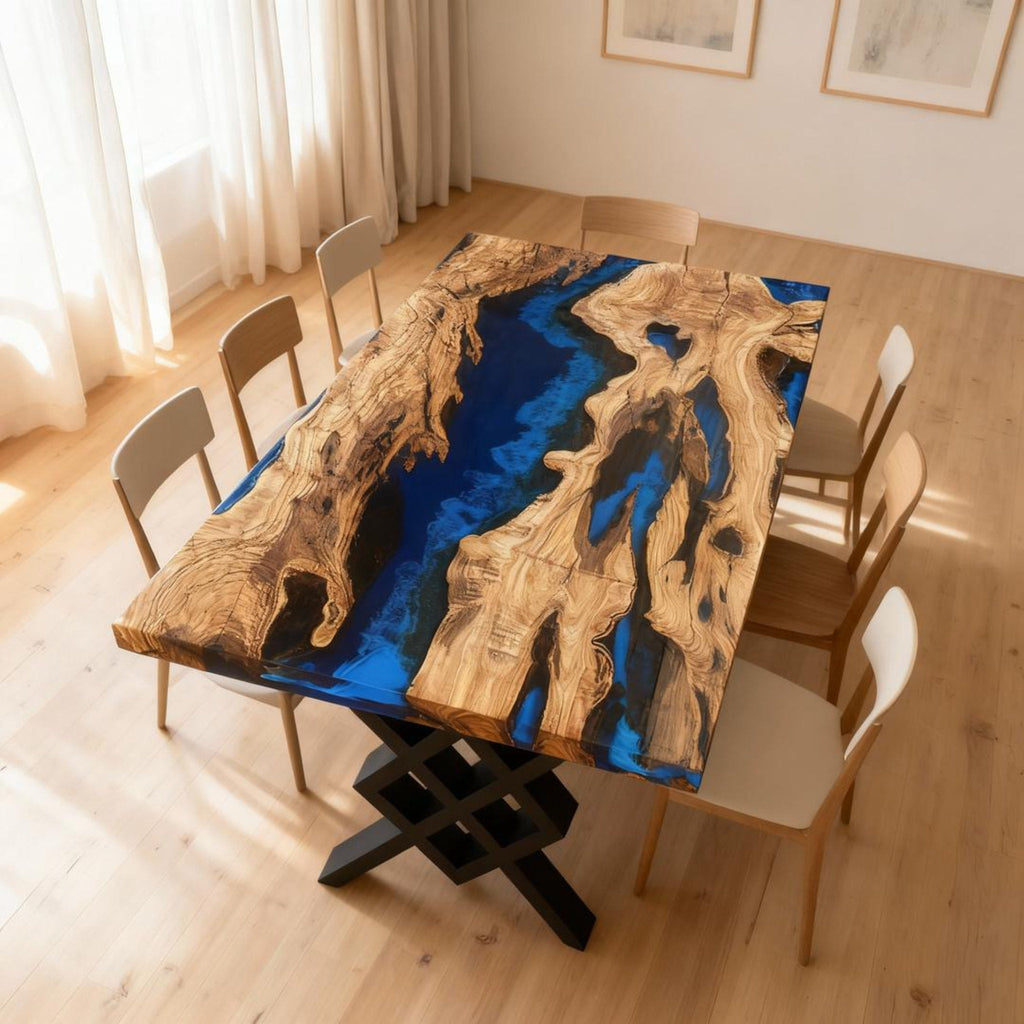 Table rivière personnalisée en résine époxy et bois d'olivier, coloris cobalt et bleu nuit, référence RKW-752