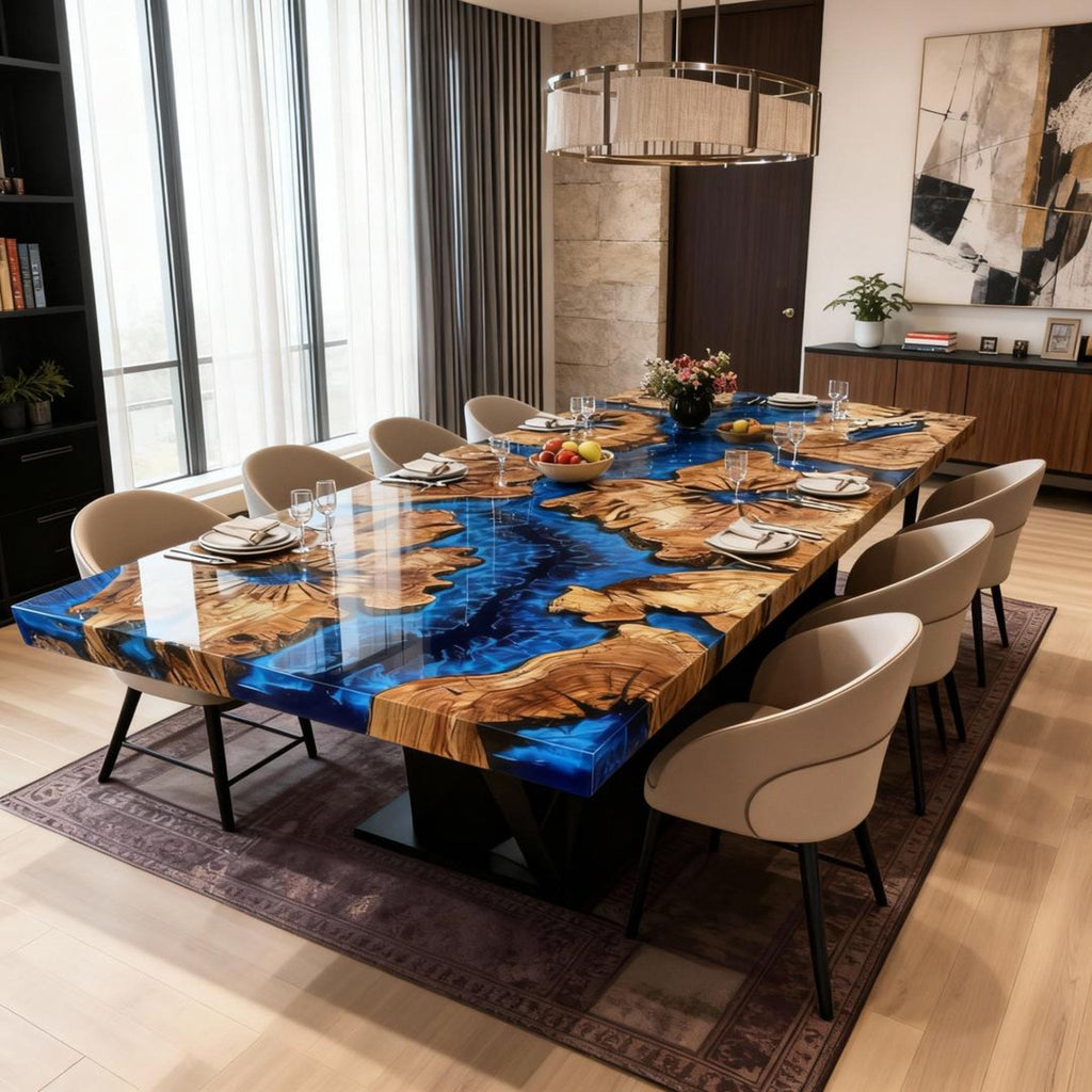 Table rivière sur mesure en résine époxy et bois d'olivier, bleu cobalt VTR-724