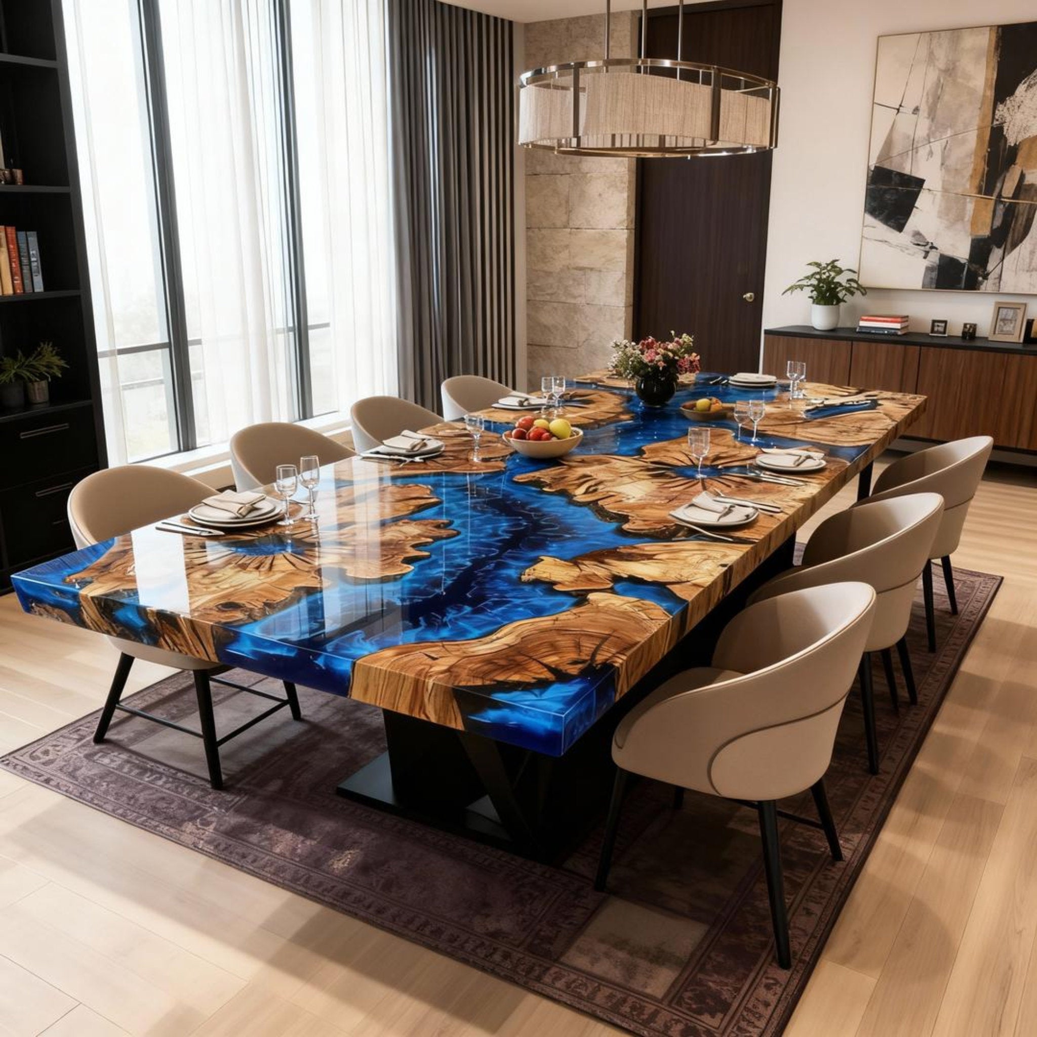 Table rivière sur mesure en résine époxy et bois d'olivier, bleu cobalt VTR-724