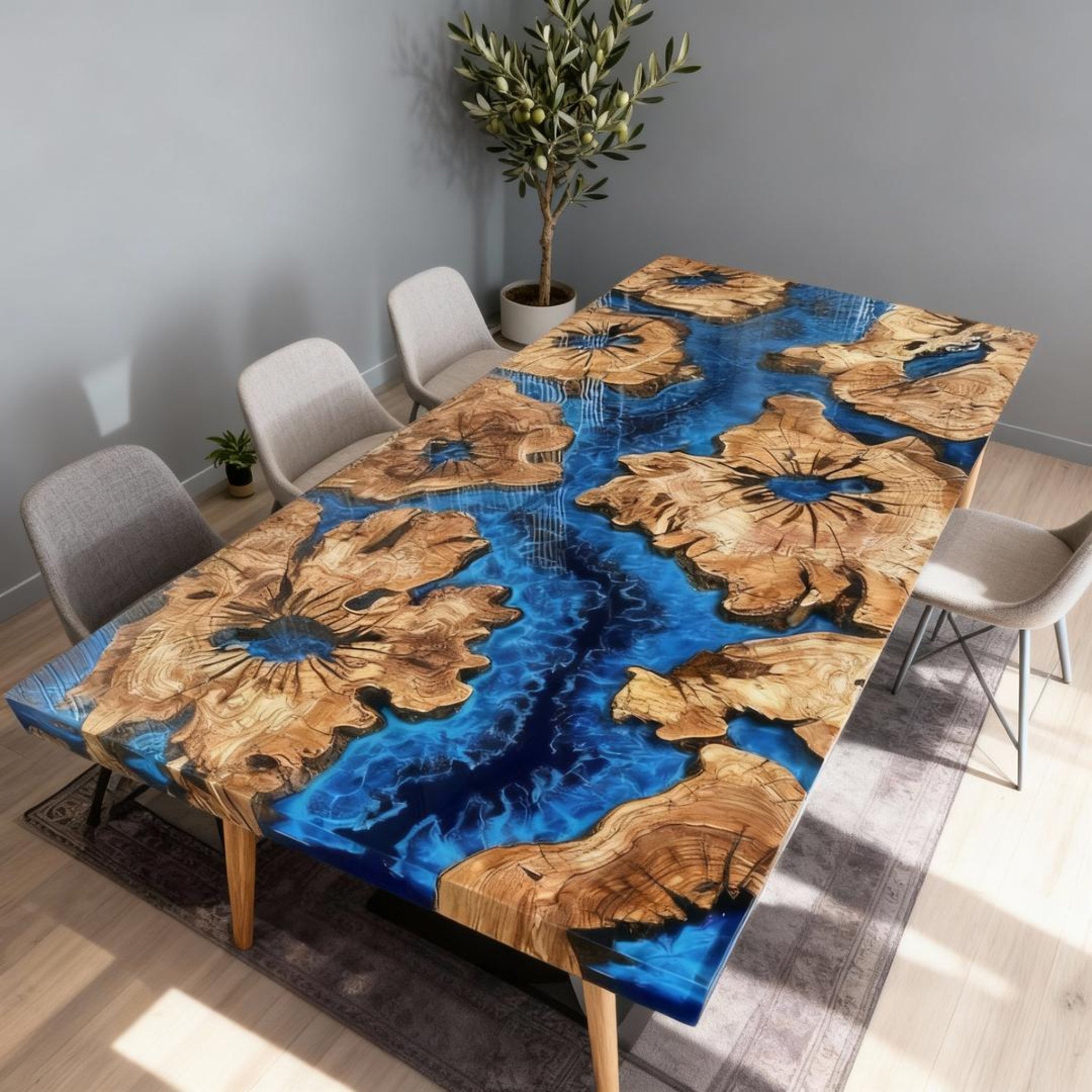 Table rivière sur mesure en résine époxy et bois d'olivier, bleu cobalt VTR-724