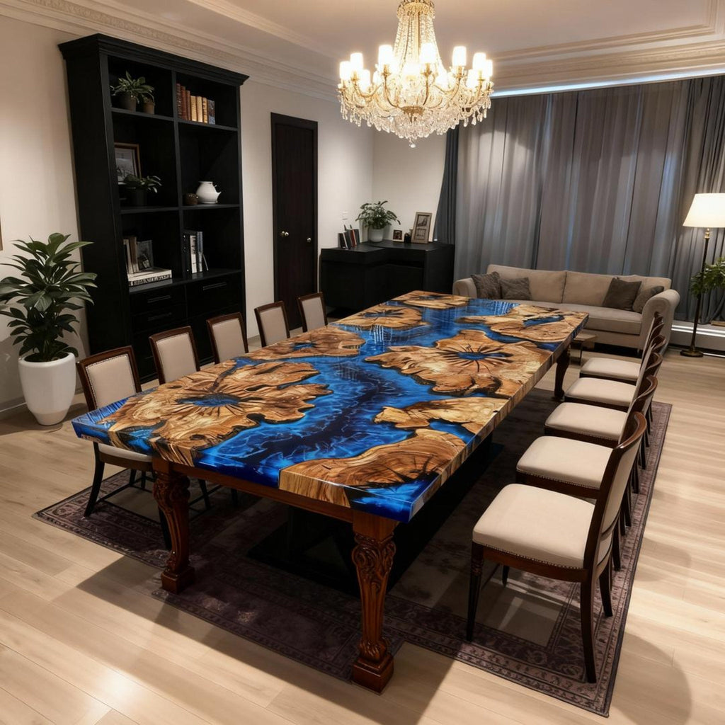 Table rivière sur mesure en résine époxy et bois d'olivier, bleu cobalt VTR-724