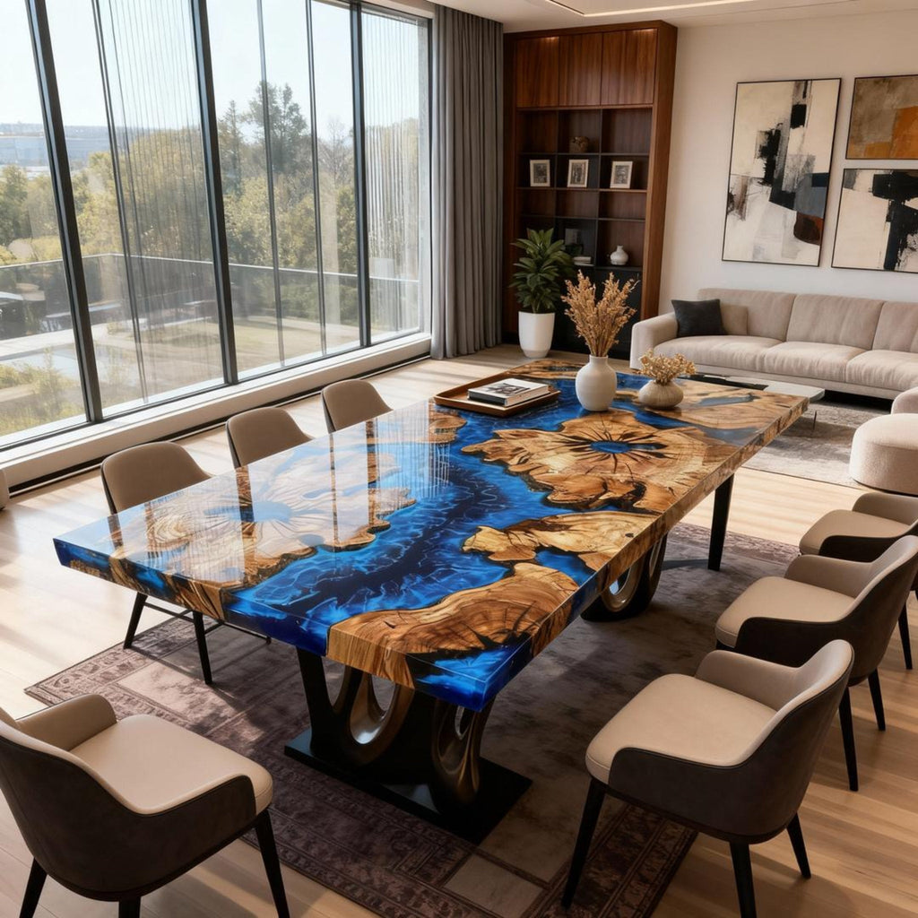 Table rivière sur mesure en résine époxy et bois d'olivier, bleu cobalt VTR-724