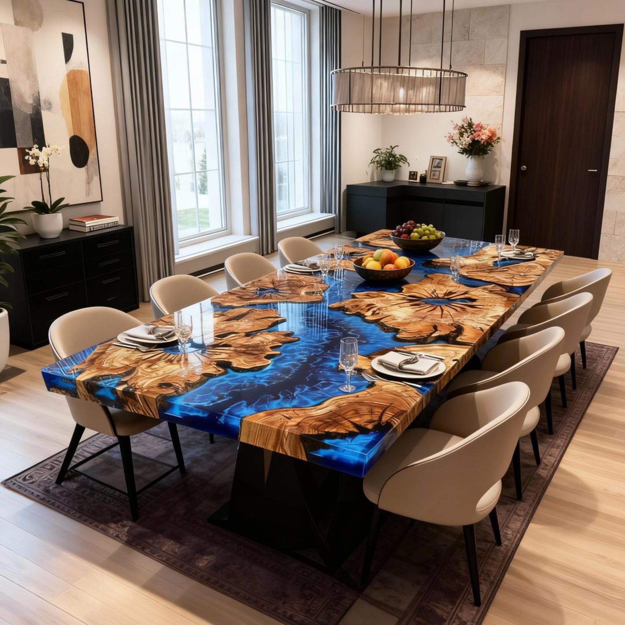 Table rivière sur mesure en résine époxy et bois d'olivier, bleu cobalt VTR-724