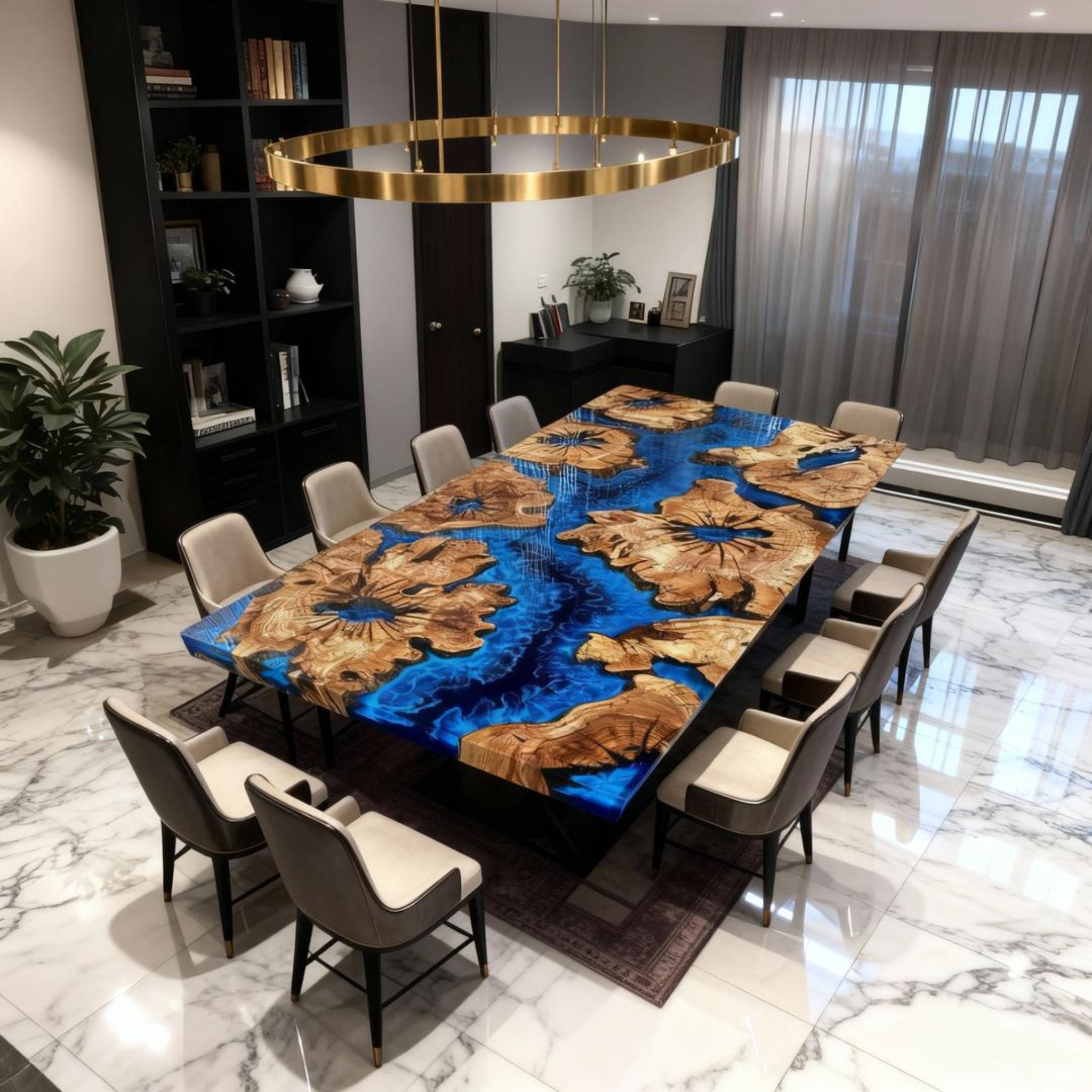 Table rivière sur mesure en résine époxy et bois d'olivier, bleu cobalt VTR-724