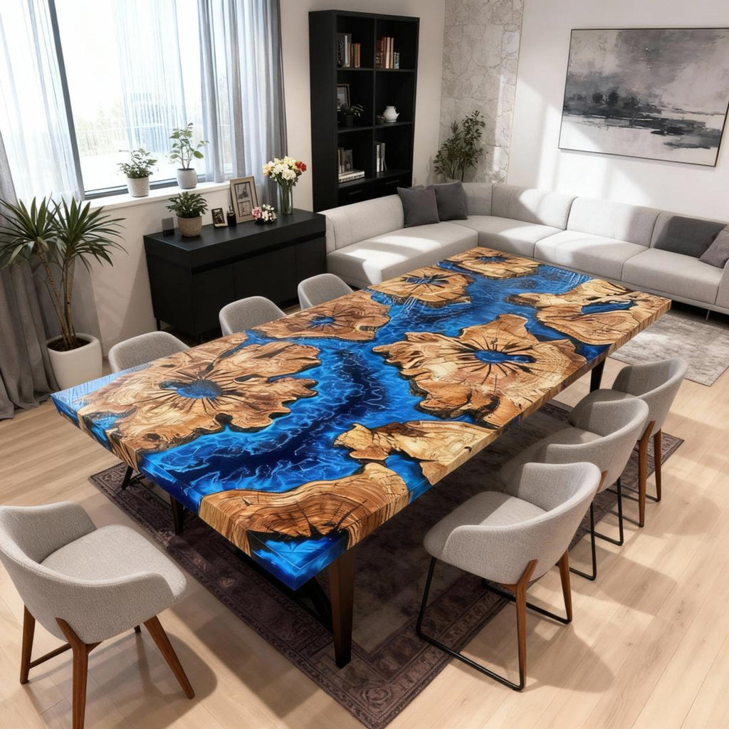 Table rivière sur mesure en résine époxy et bois d'olivier, bleu cobalt VTR-724