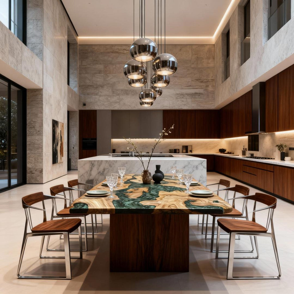 Table rivière personnalisée en bois d'olivier et résine époxy, vert émeraude NRX-682