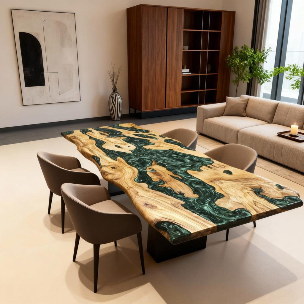 Table rivière personnalisée en bois d'olivier et résine époxy, vert émeraude NRX-682