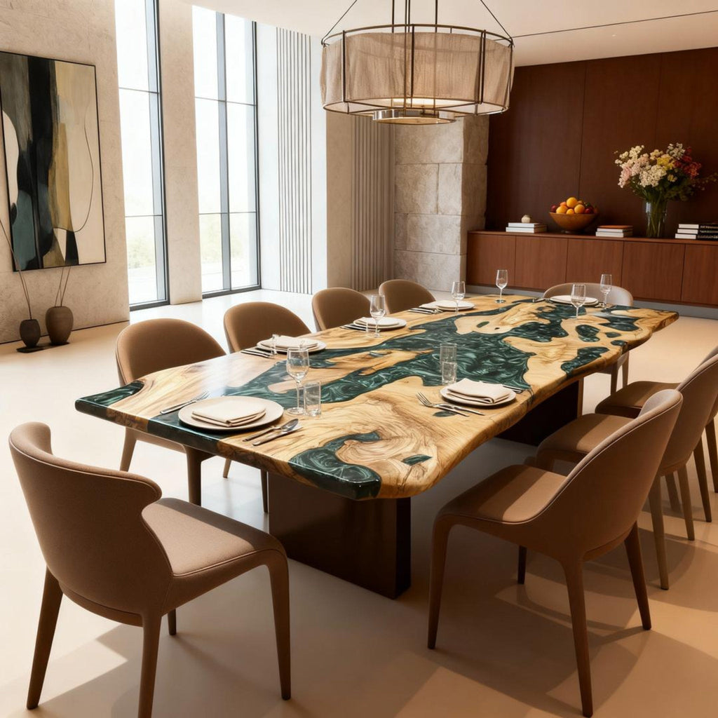 Table rivière personnalisée en bois d'olivier et résine époxy, vert émeraude NRX-682