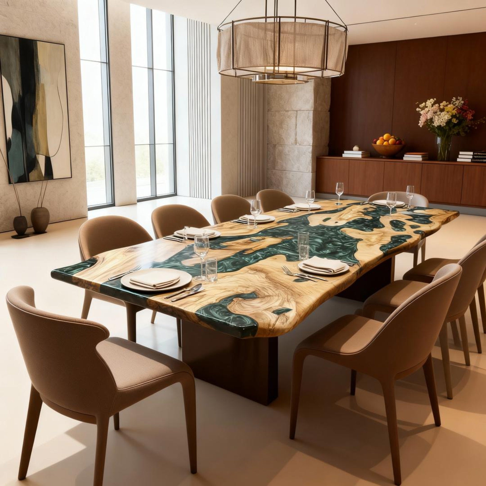 Table rivière personnalisée en bois d'olivier et résine époxy, vert émeraude NRX-682