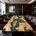 Table rivière personnalisée en bois d'olivier et résine époxy, vert émeraude NRX-682