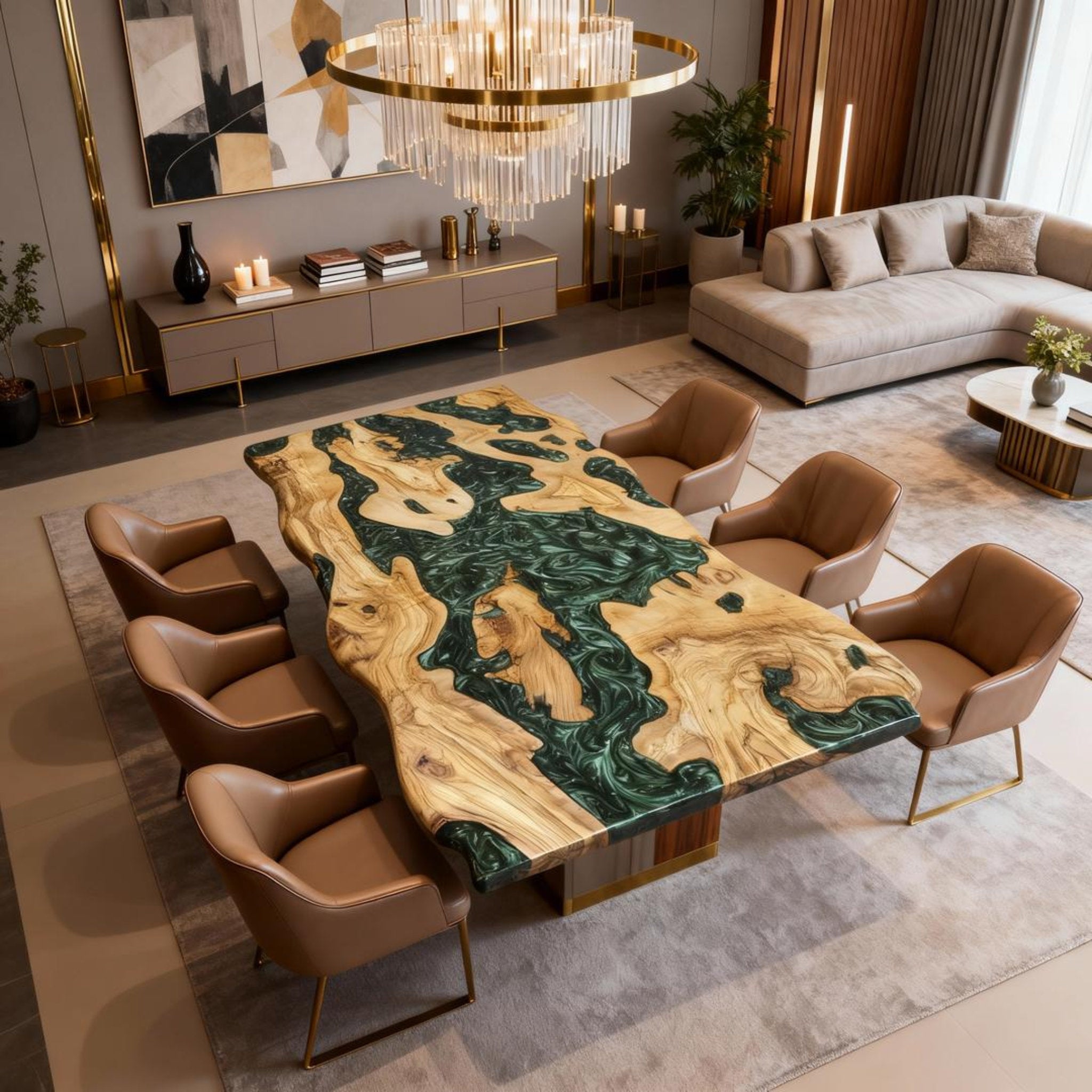 Table rivière personnalisée en bois d'olivier et résine époxy, vert émeraude NRX-682