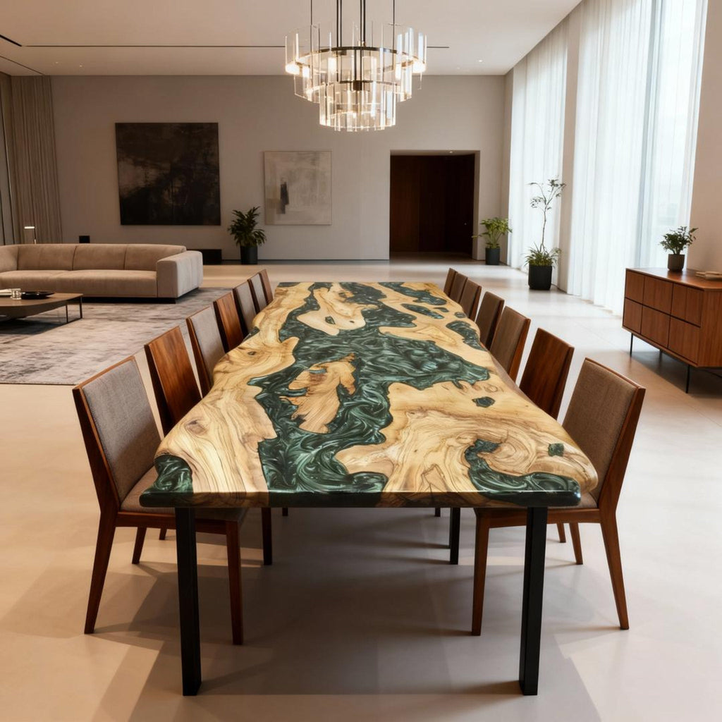 Table rivière personnalisée en bois d'olivier et résine époxy, vert émeraude NRX-682