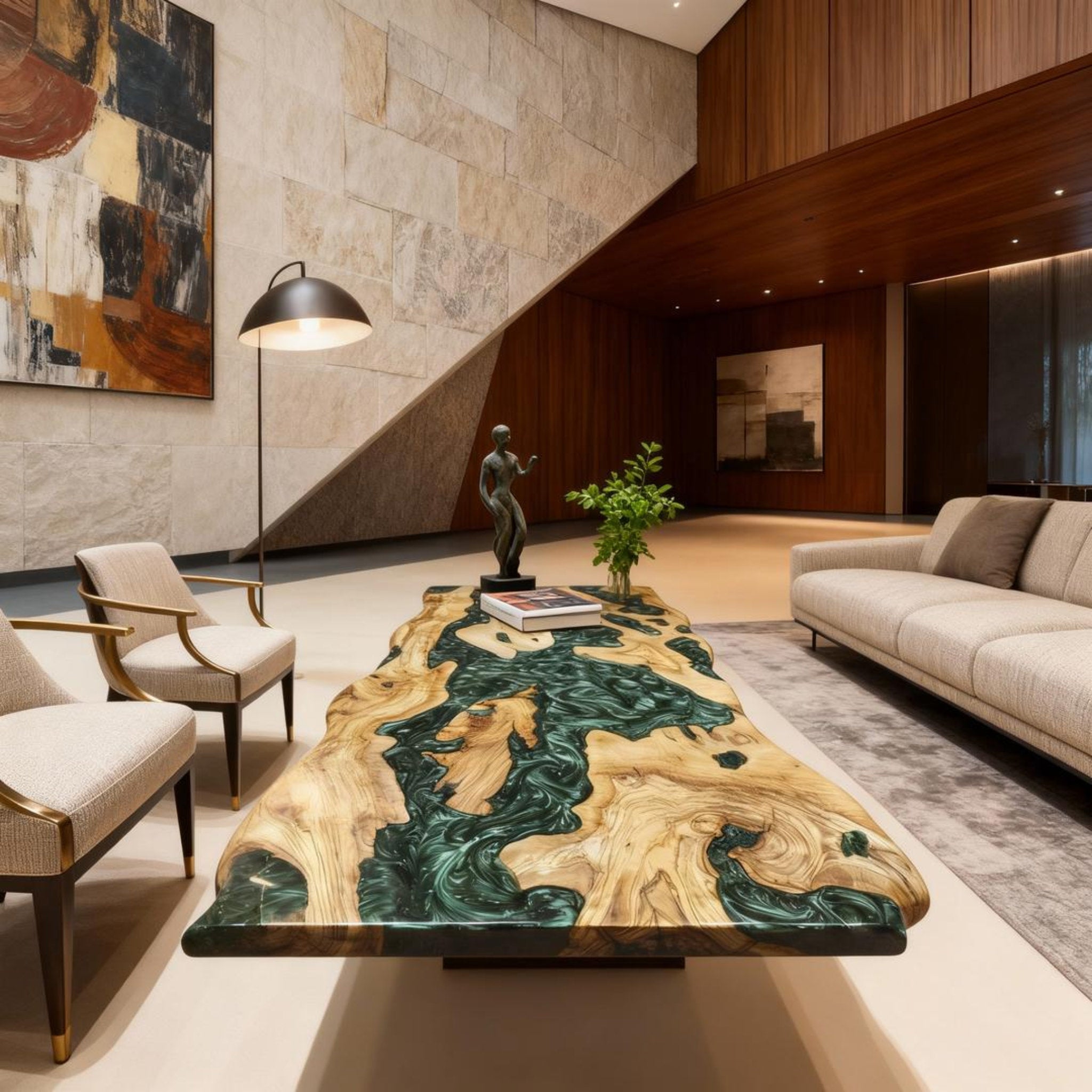 Table rivière personnalisée en bois d'olivier et résine époxy, vert émeraude NRX-682