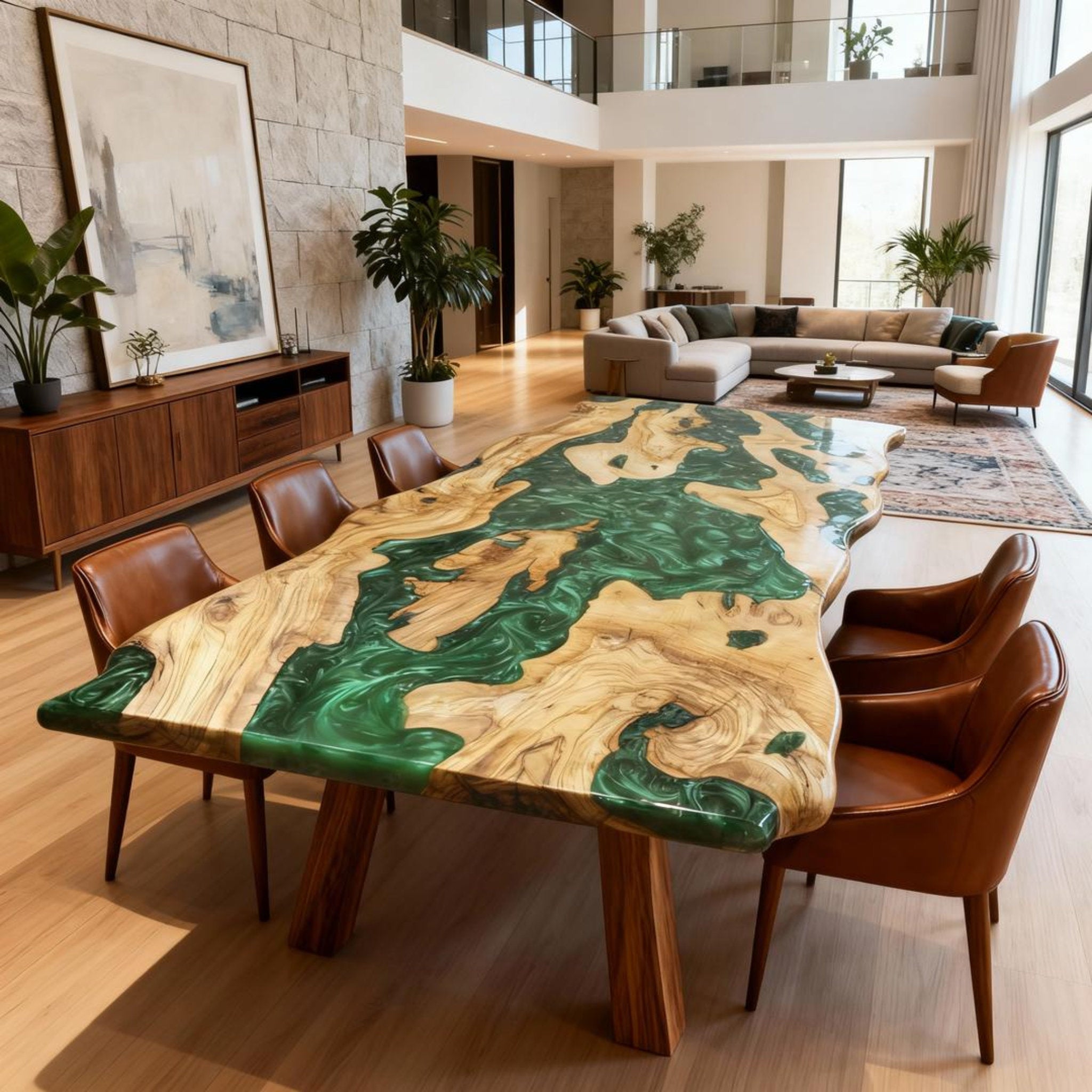 Table rivière personnalisée en bois d'olivier et résine époxy, vert émeraude NRX-682