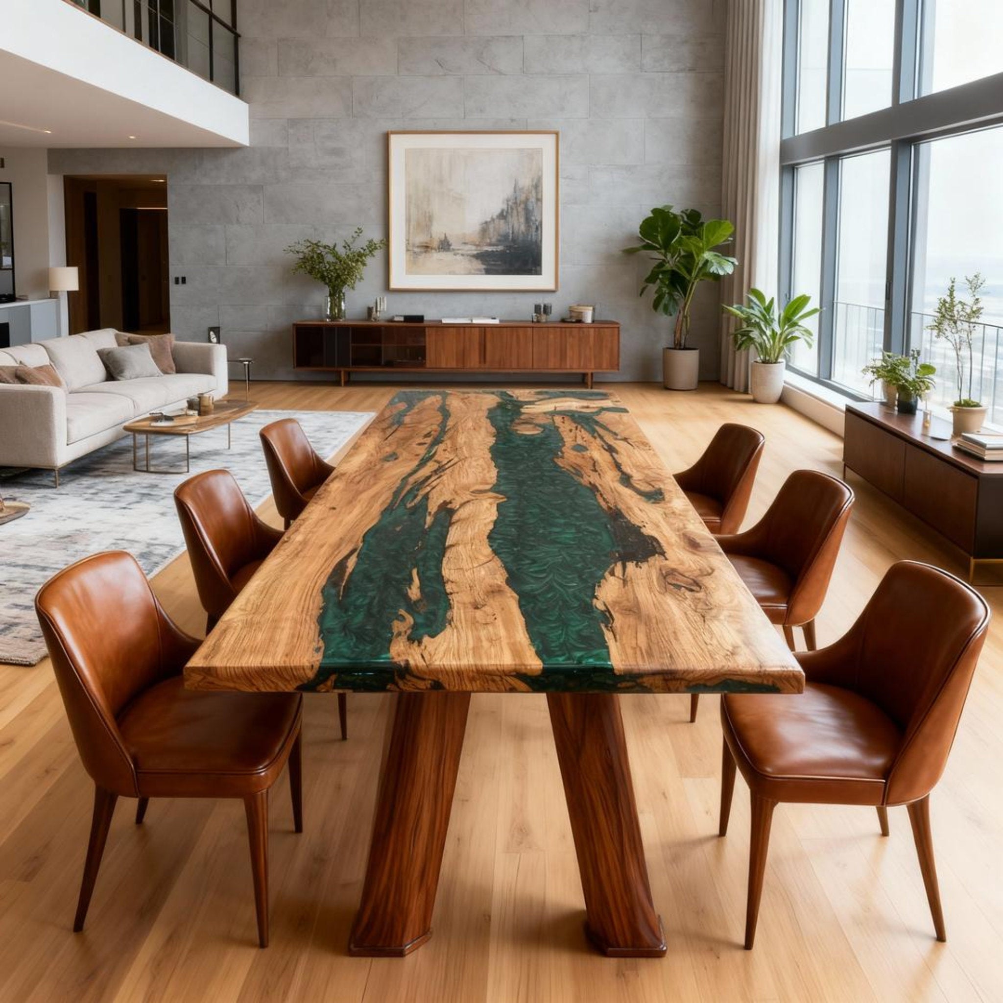 Table rivière personnalisée en bois d'olivier et résine époxy vert émeraude XQJ-582