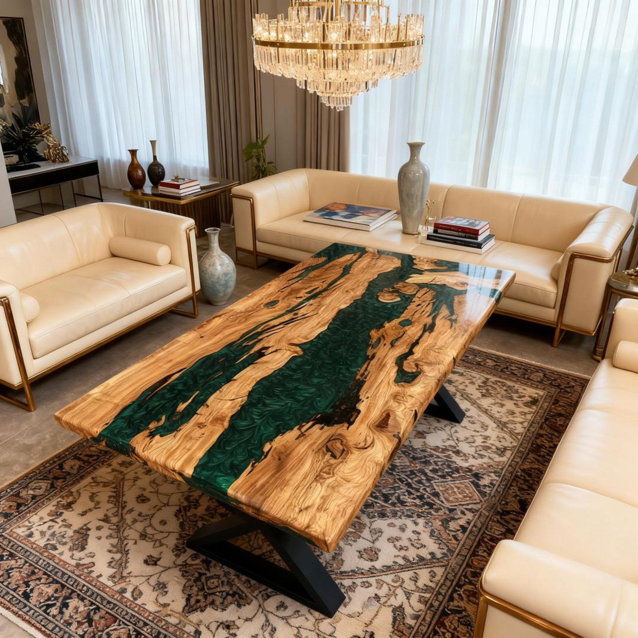 Table rivière personnalisée en bois d'olivier et résine époxy vert émeraude XQJ-582