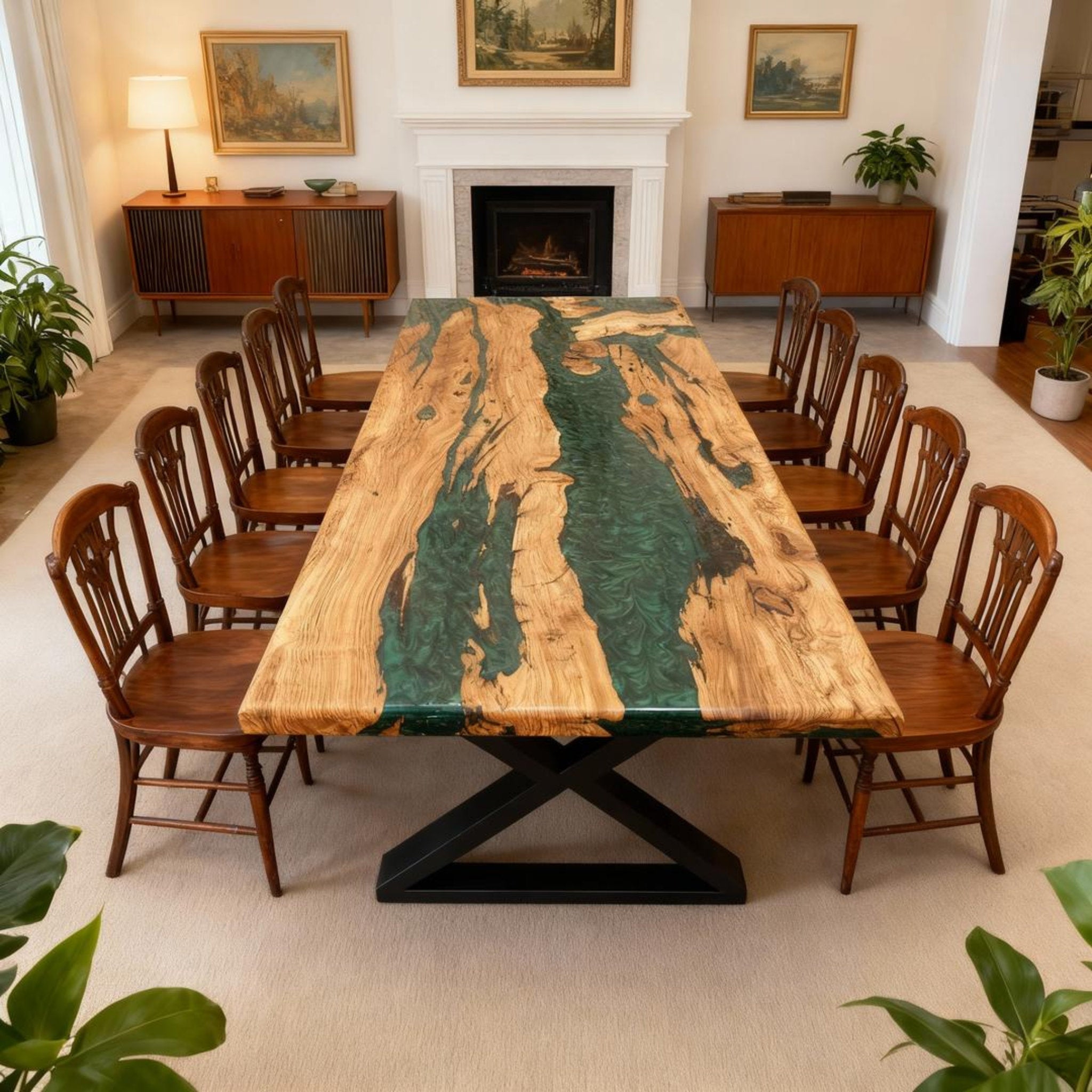 Table rivière personnalisée en bois d'olivier et résine époxy vert émeraude XQJ-582