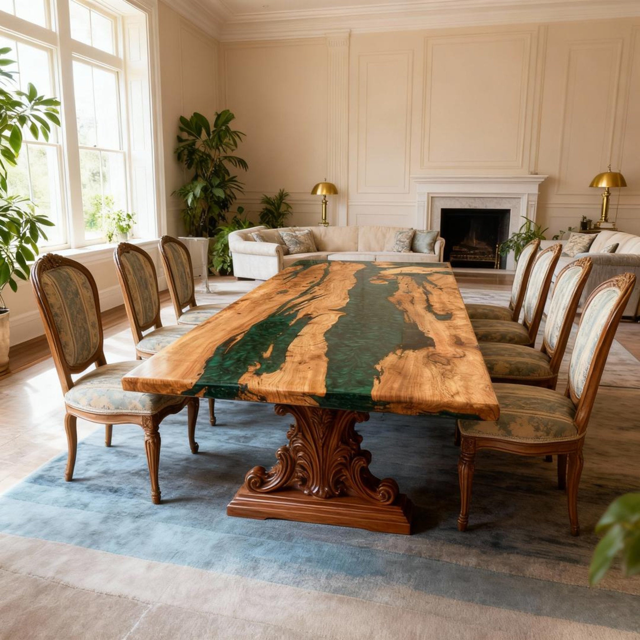 Table rivière personnalisée en bois d'olivier et résine époxy vert émeraude XQJ-582