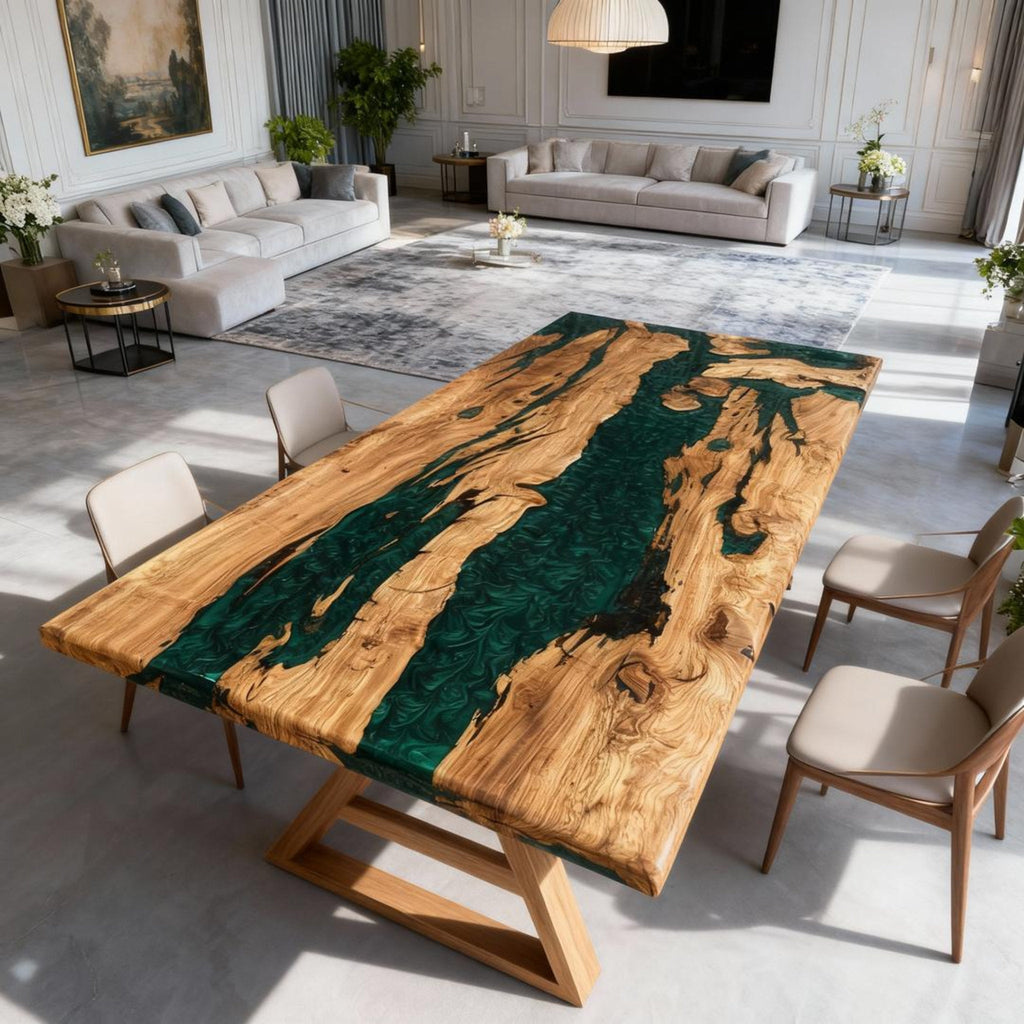 Table rivière personnalisée en bois d'olivier et résine époxy vert émeraude XQJ-582