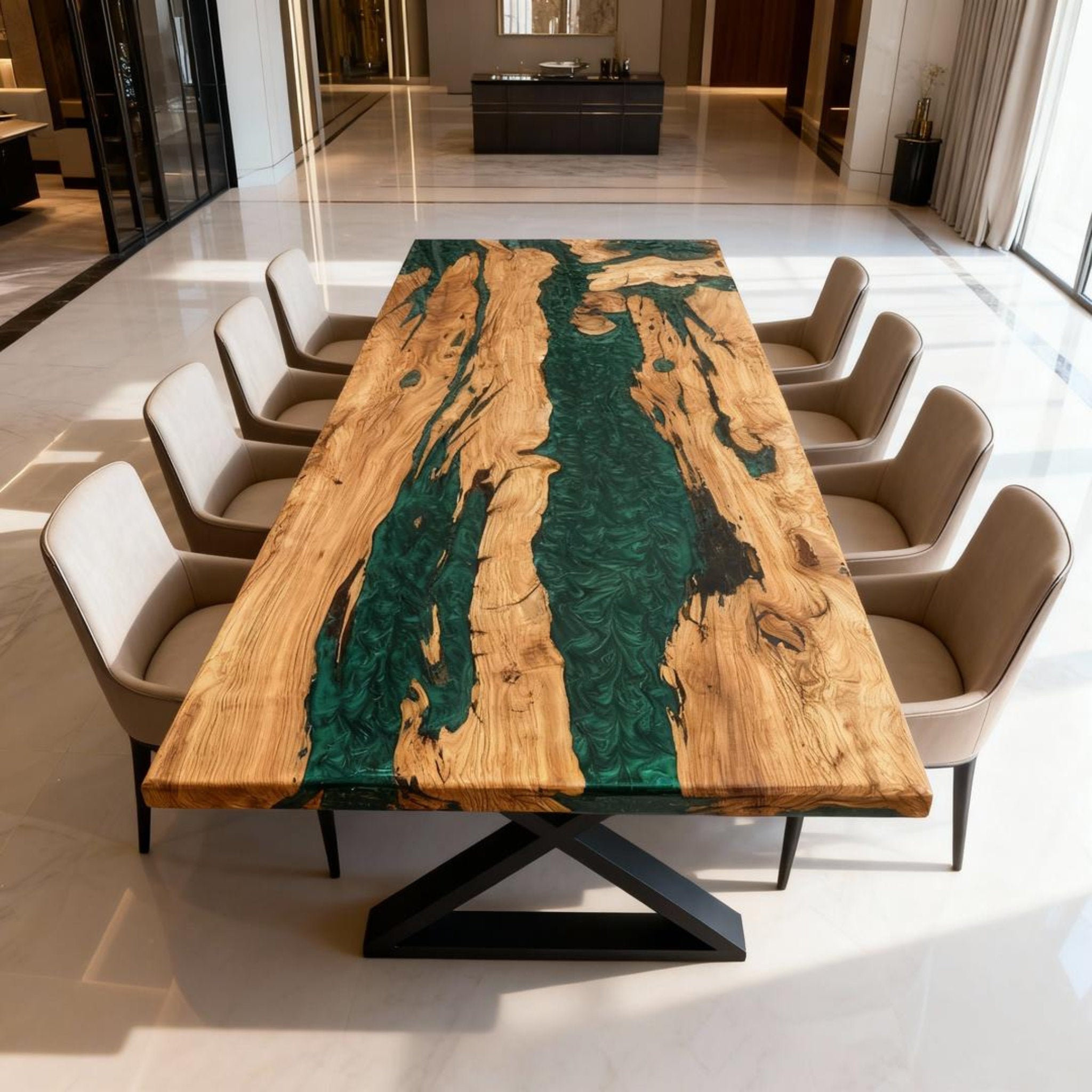 Table rivière personnalisée en bois d'olivier et résine époxy vert émeraude XQJ-582