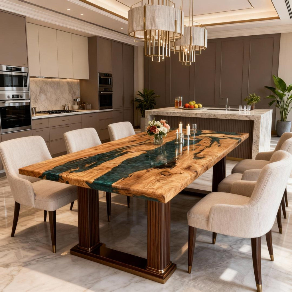 Table rivière personnalisée en bois d'olivier et résine époxy vert émeraude XQJ-582