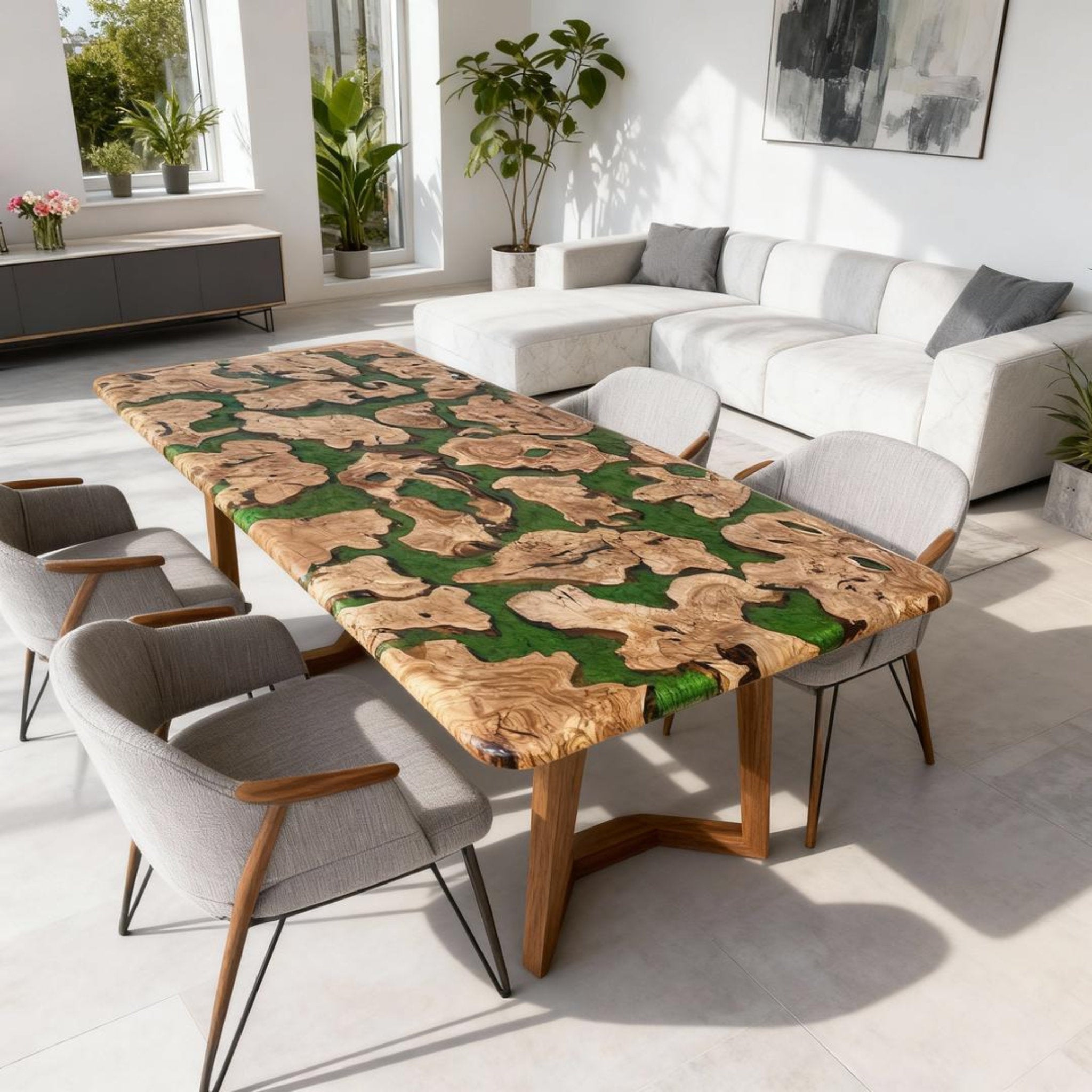 Table rivière personnalisée en bois d'olivier et résine époxy, résine émeraude VKT-582