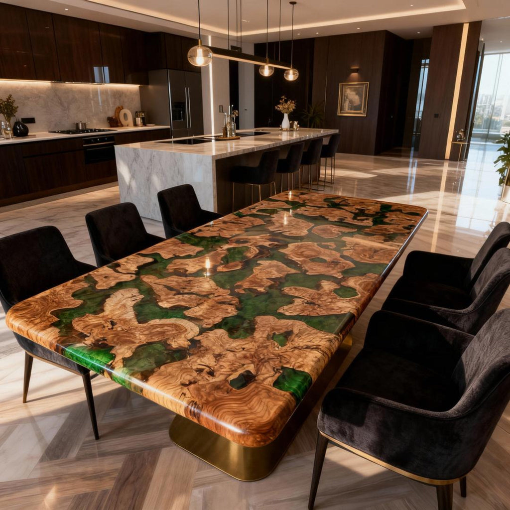 Table rivière personnalisée en bois d'olivier et résine époxy, résine émeraude VKT-582