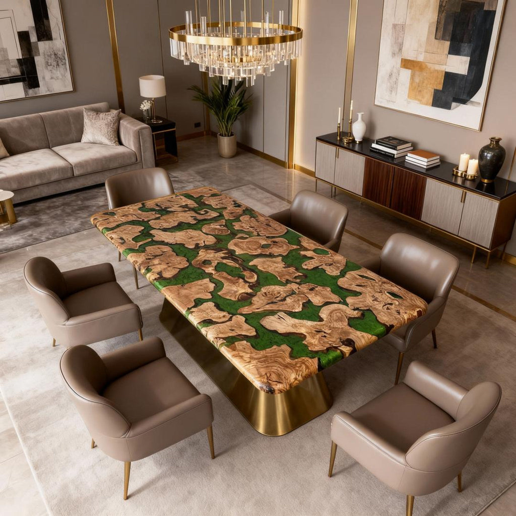 Table rivière personnalisée en bois d'olivier et résine époxy, résine émeraude VKT-582