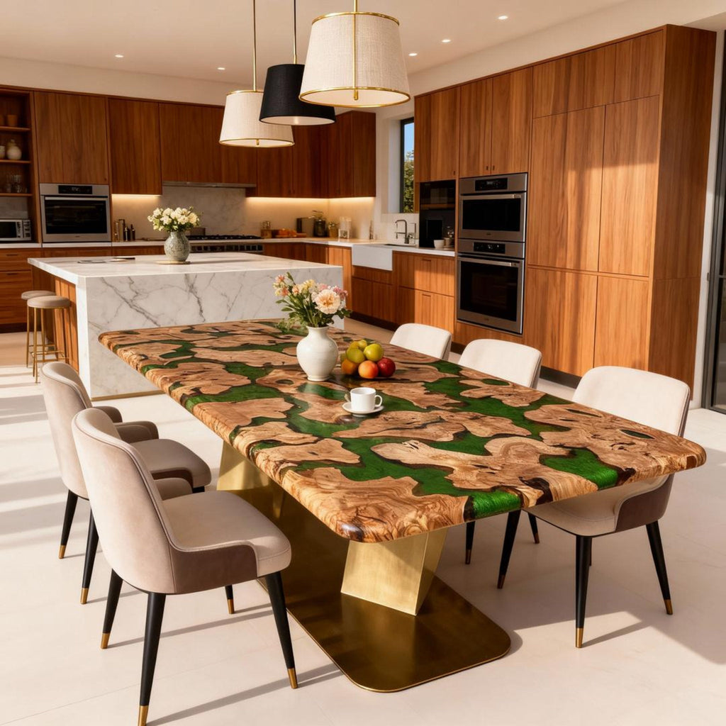 Table rivière personnalisée en bois d'olivier et résine époxy, résine émeraude VKT-582