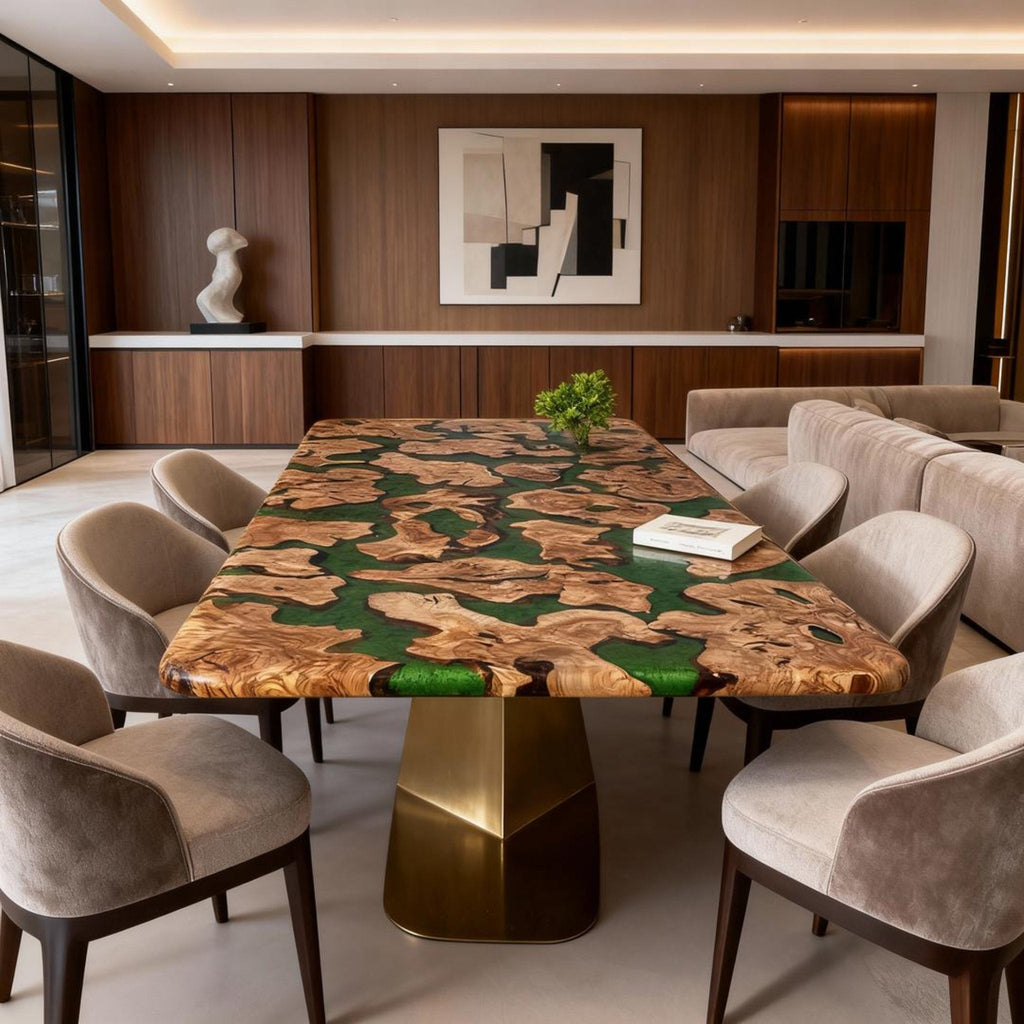 Table rivière personnalisée en bois d'olivier et résine époxy, résine émeraude VKT-582