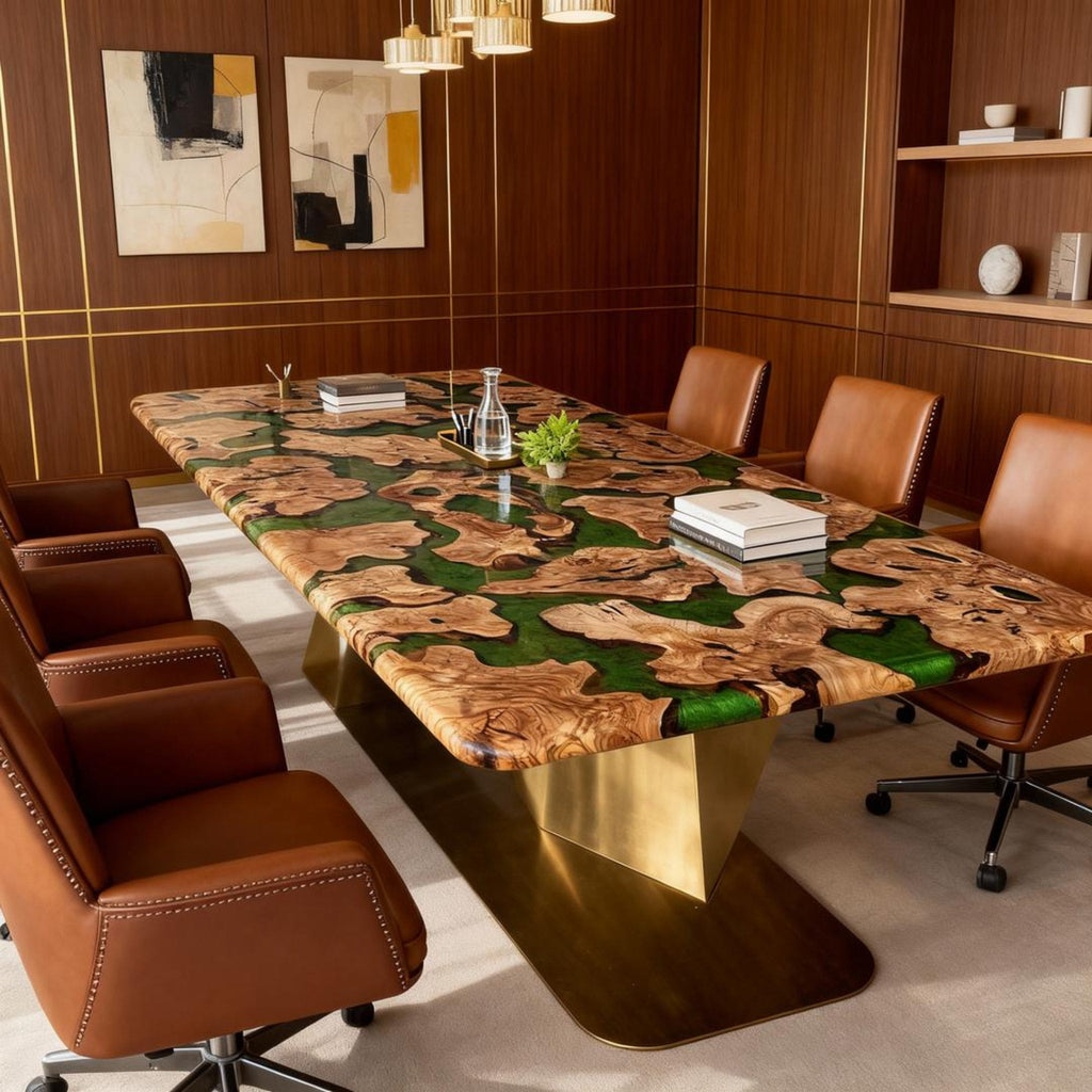 Table rivière personnalisée en bois d'olivier et résine époxy, résine émeraude VKT-582