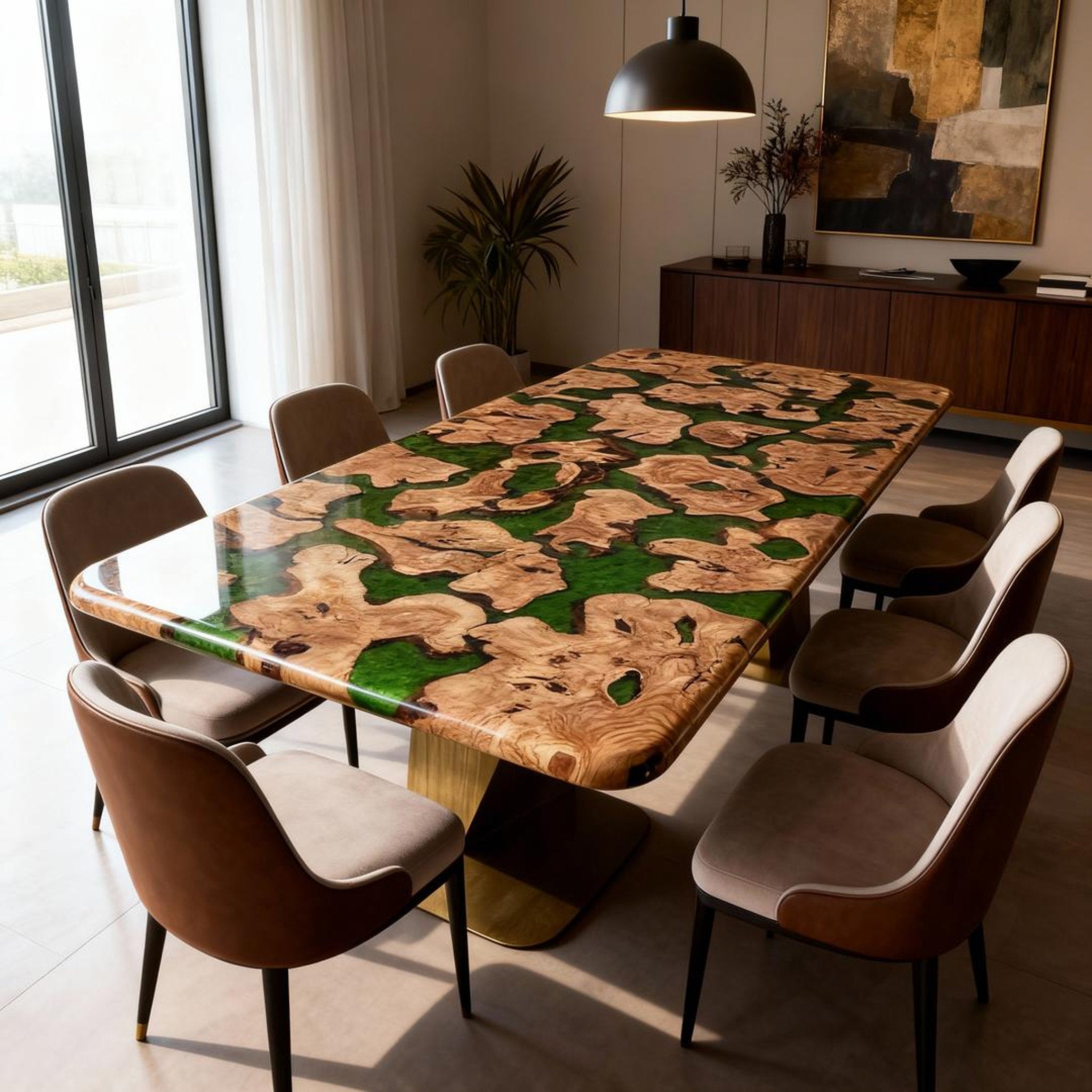 Table rivière personnalisée en bois d'olivier et résine époxy, résine émeraude VKT-582