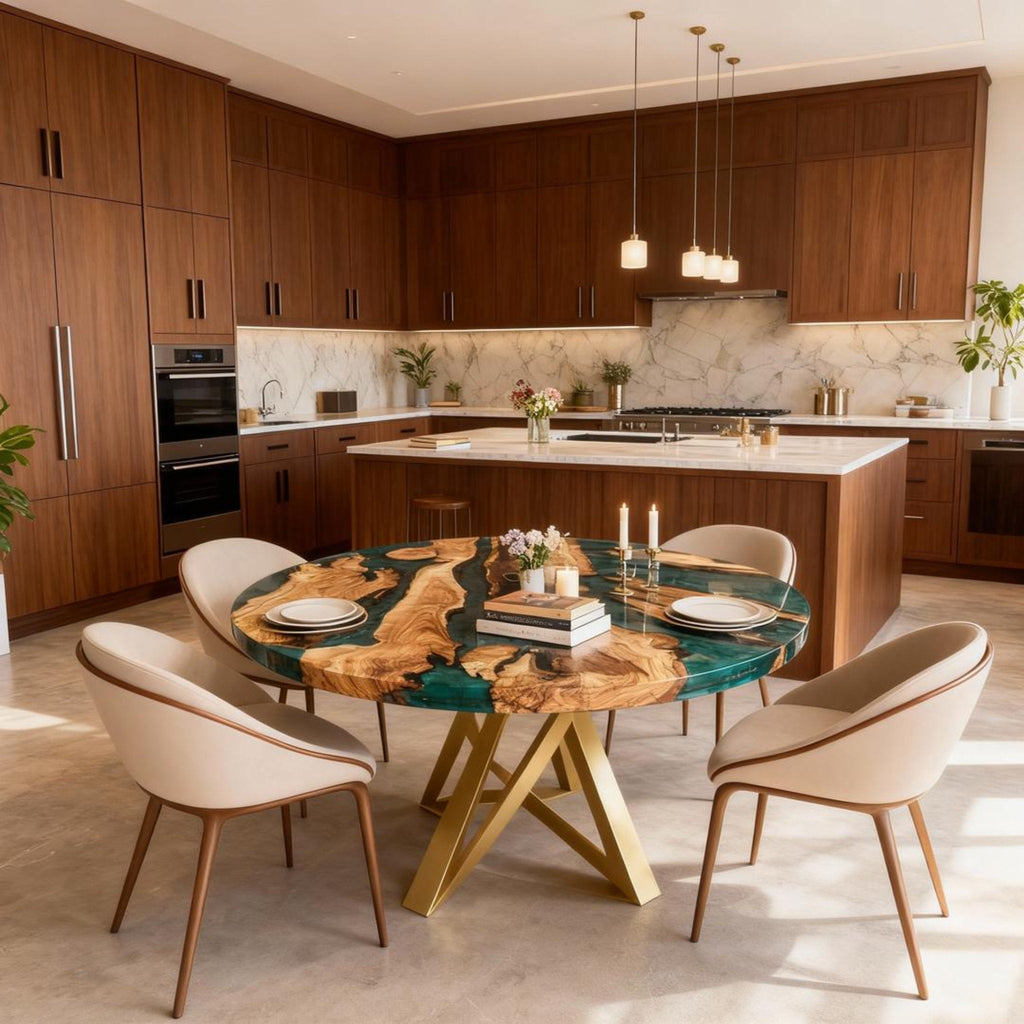 Table rivière personnalisée en résine époxy et bois d'olivier, couleur émeraude turquoise, ZHD-628