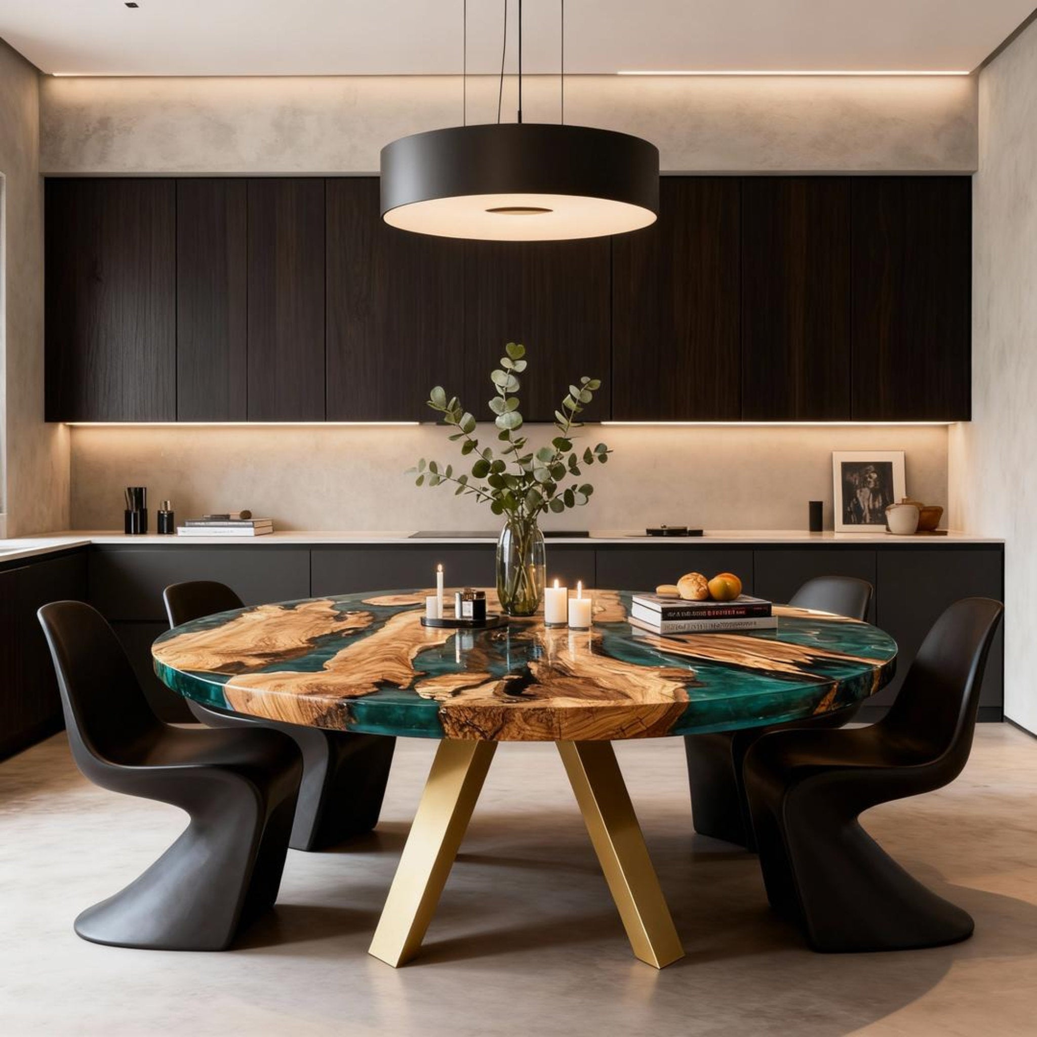 Table rivière personnalisée en résine époxy et bois d'olivier, couleur émeraude turquoise, ZHD-628