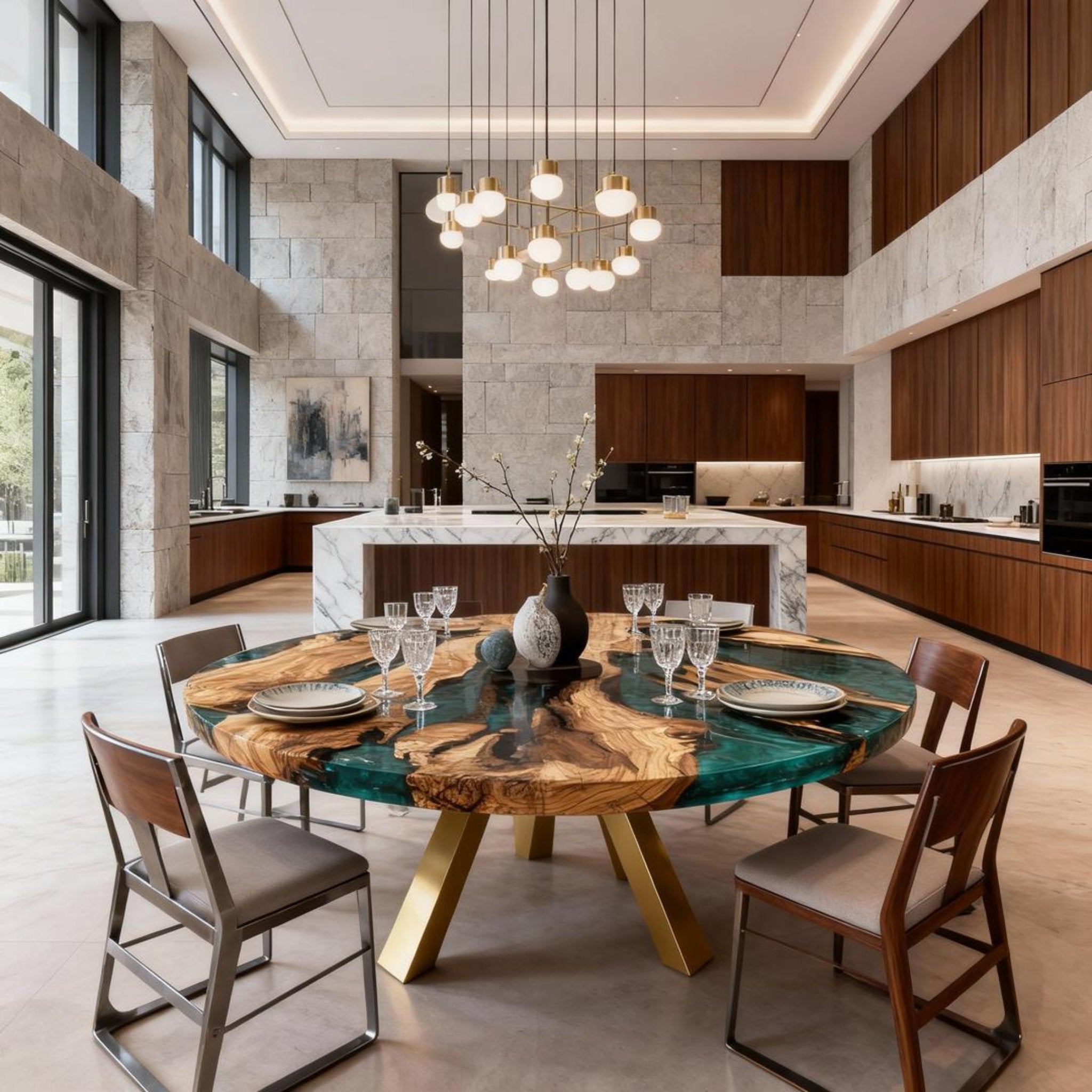 Table rivière personnalisée en résine époxy et bois d'olivier, couleur émeraude turquoise, ZHD-628