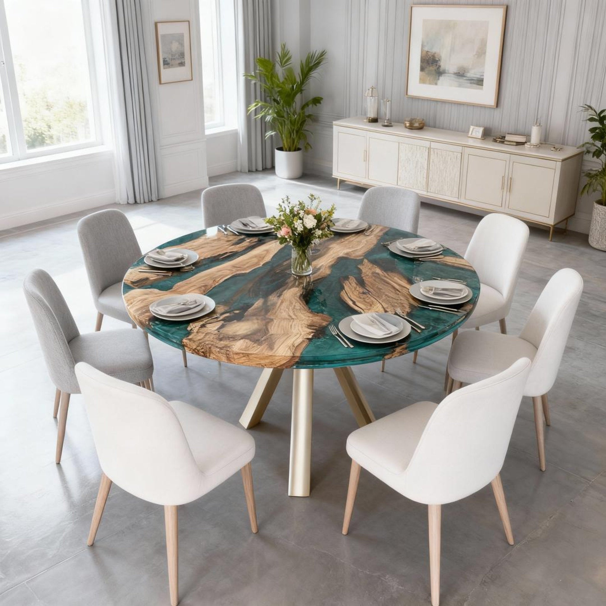 Table rivière personnalisée en résine époxy et bois d'olivier, couleur émeraude turquoise, ZHD-628