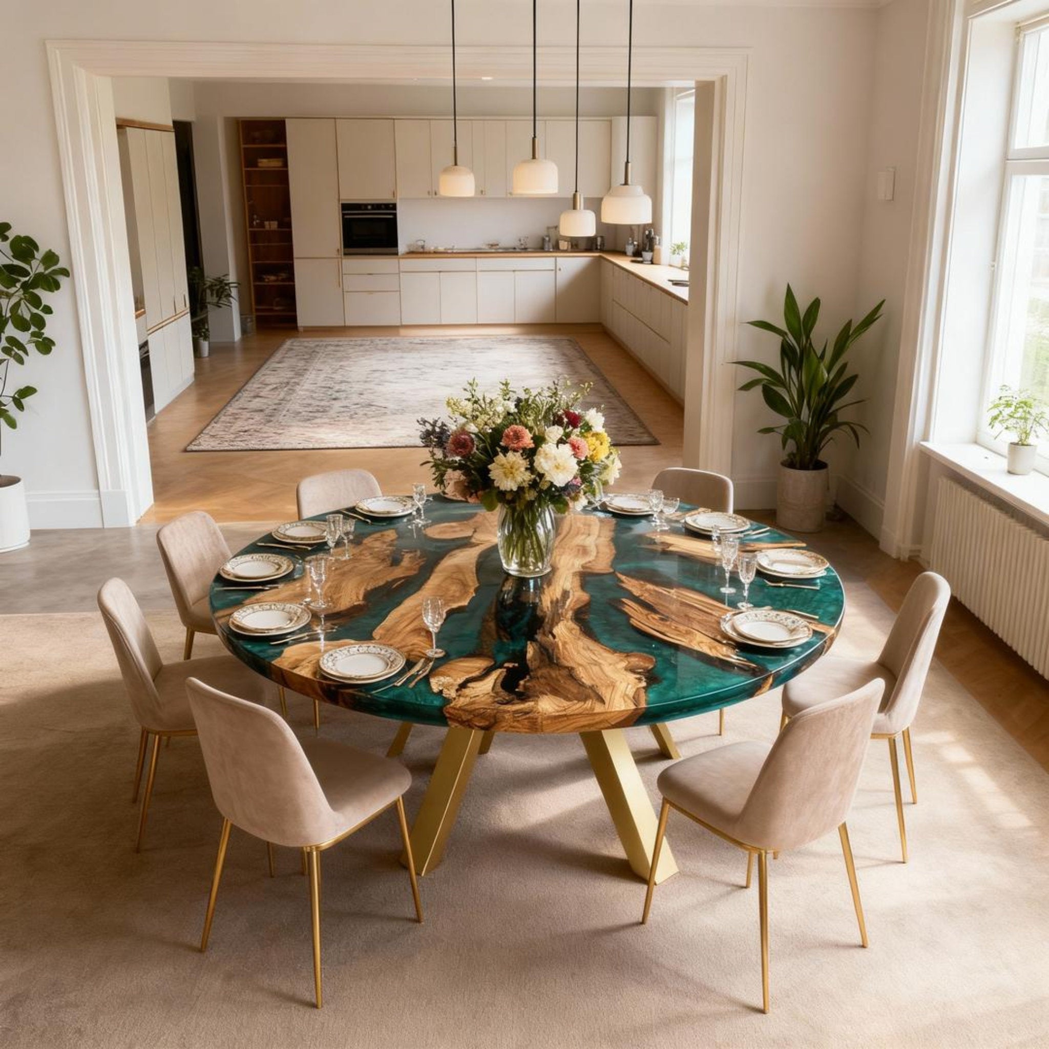 Table rivière personnalisée en résine époxy et bois d'olivier, couleur émeraude turquoise, ZHD-628