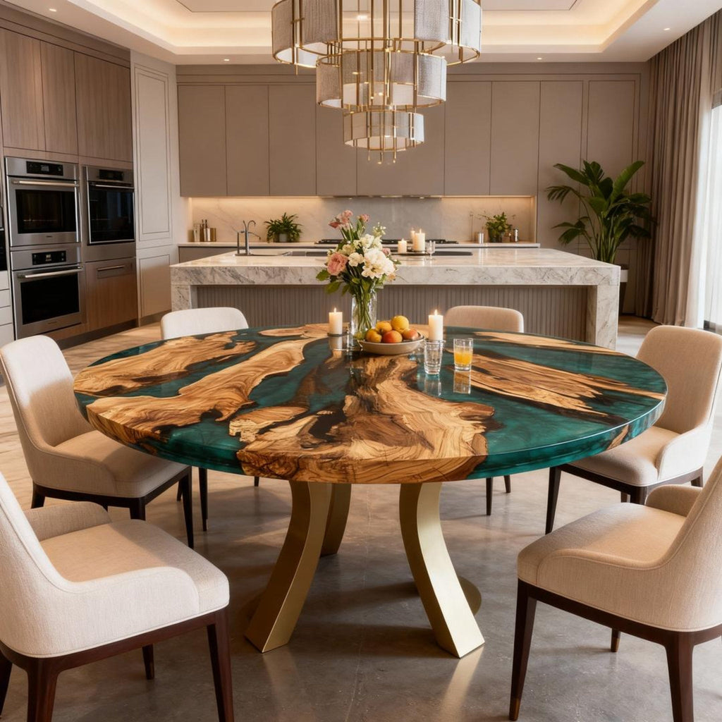 Table rivière personnalisée en résine époxy et bois d'olivier, couleur émeraude turquoise, ZHD-628