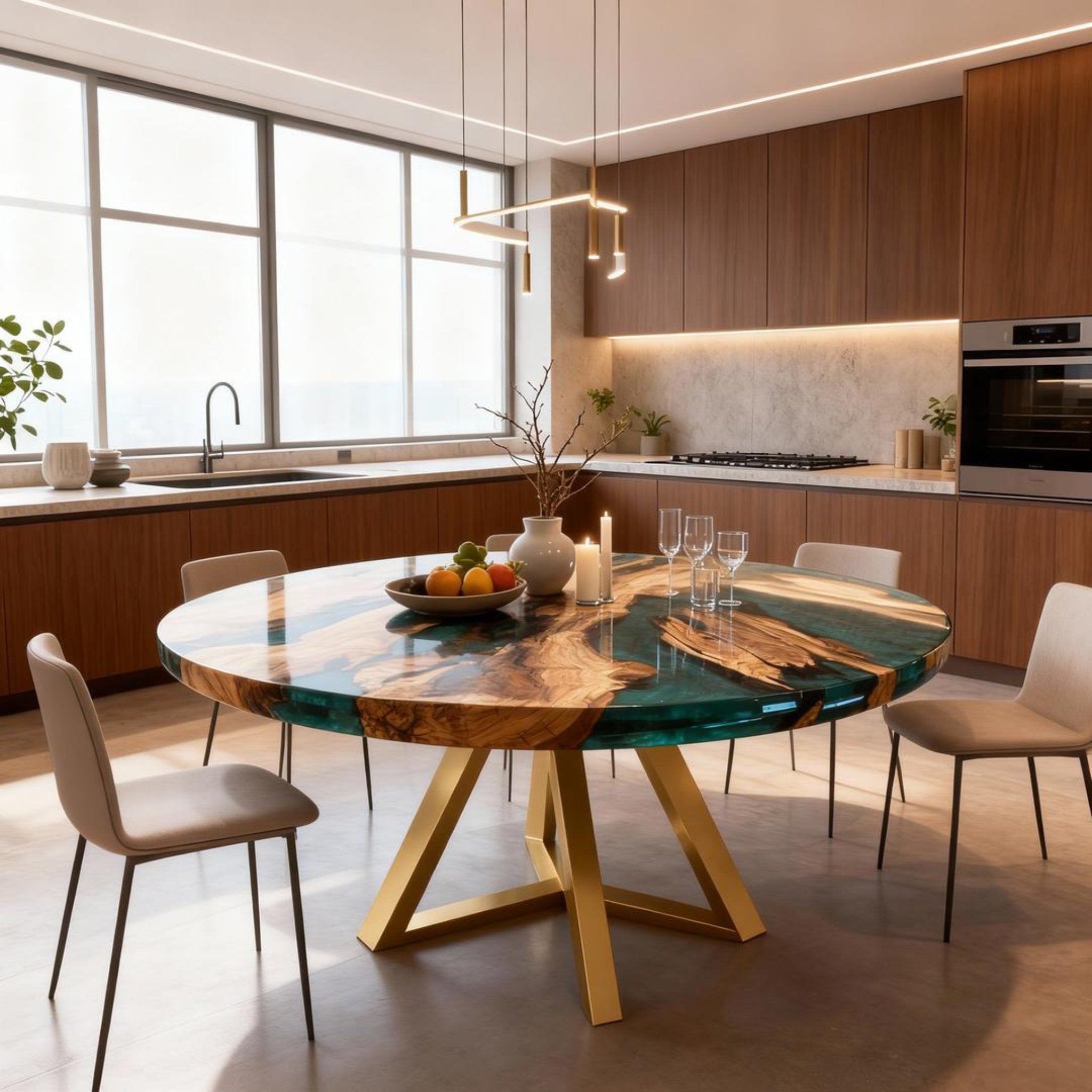 Table rivière personnalisée en résine époxy et bois d'olivier, couleur émeraude turquoise, ZHD-628