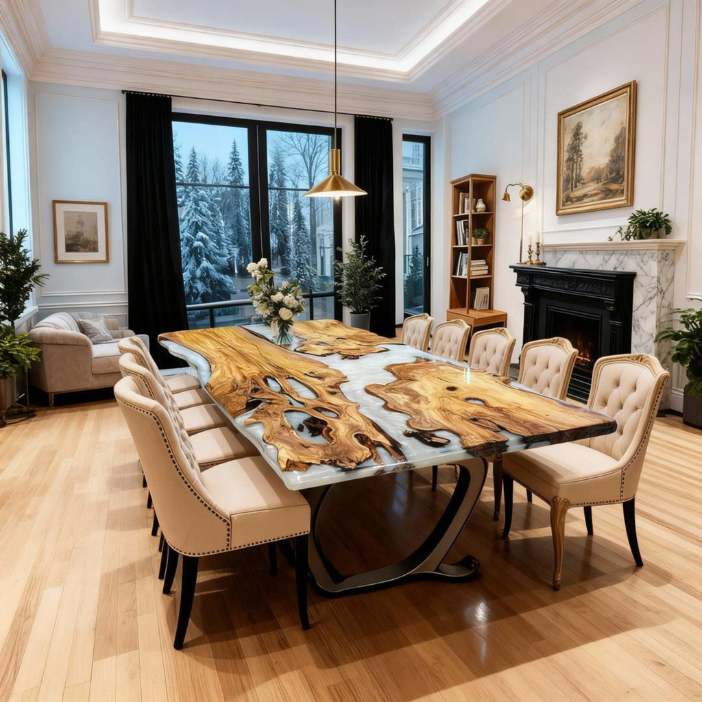 Table rivière personnalisée en bois d'olivier et résine époxy, finition perle givrée VRJ-683