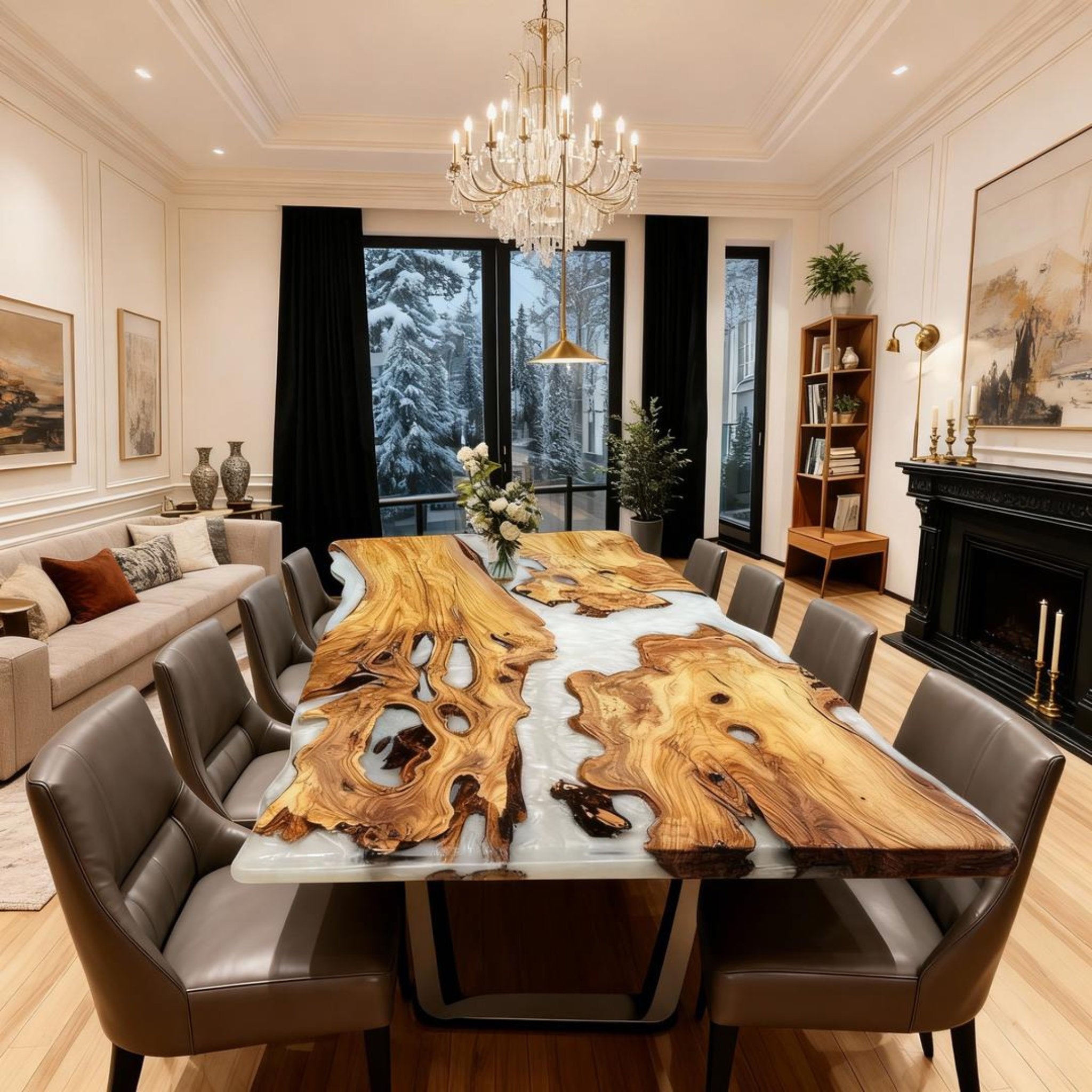 Table rivière personnalisée en bois d'olivier et résine époxy, finition perle givrée VRJ-683